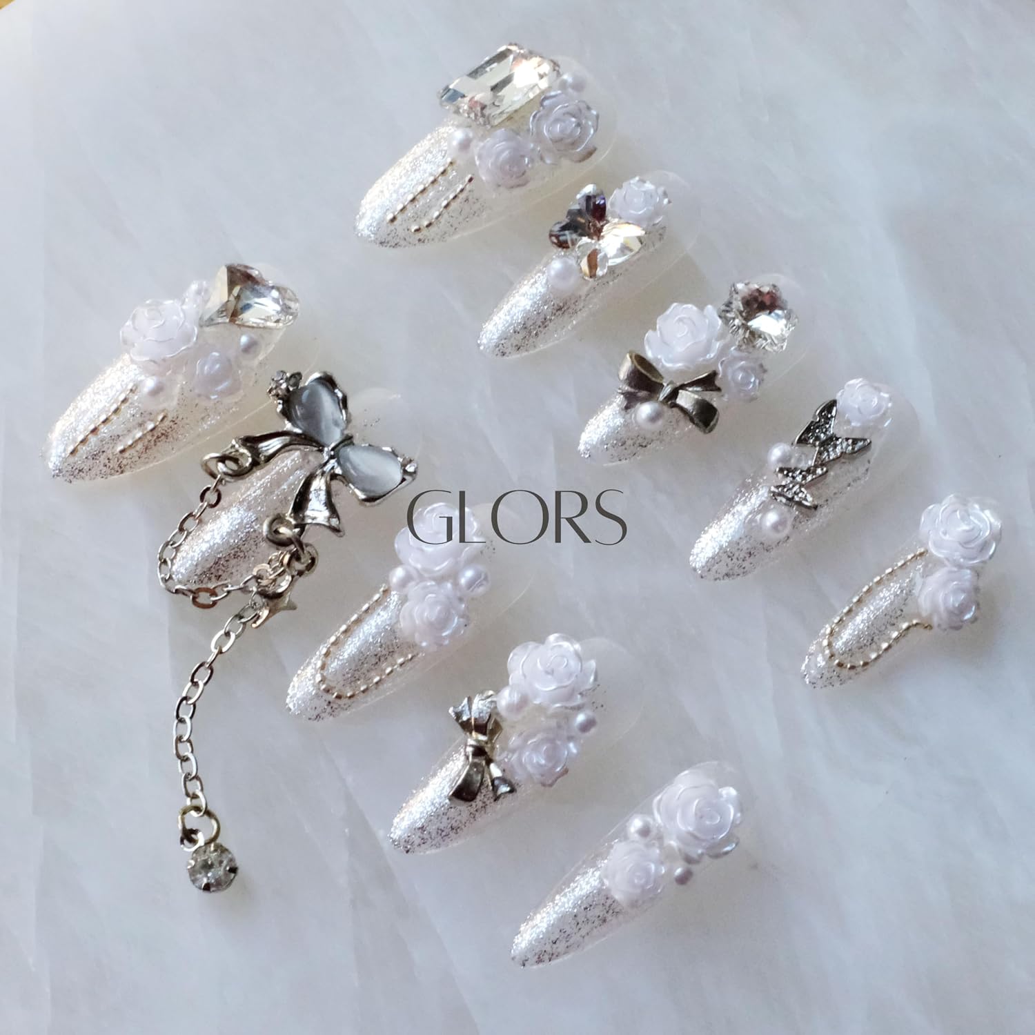 Luxury Long Almond Press-On Nails, 3D White Roses with Silver Glitter, Pearl and Rhinestone Decorations, Handmade False Nail 10 Pieces (Medium, LS)