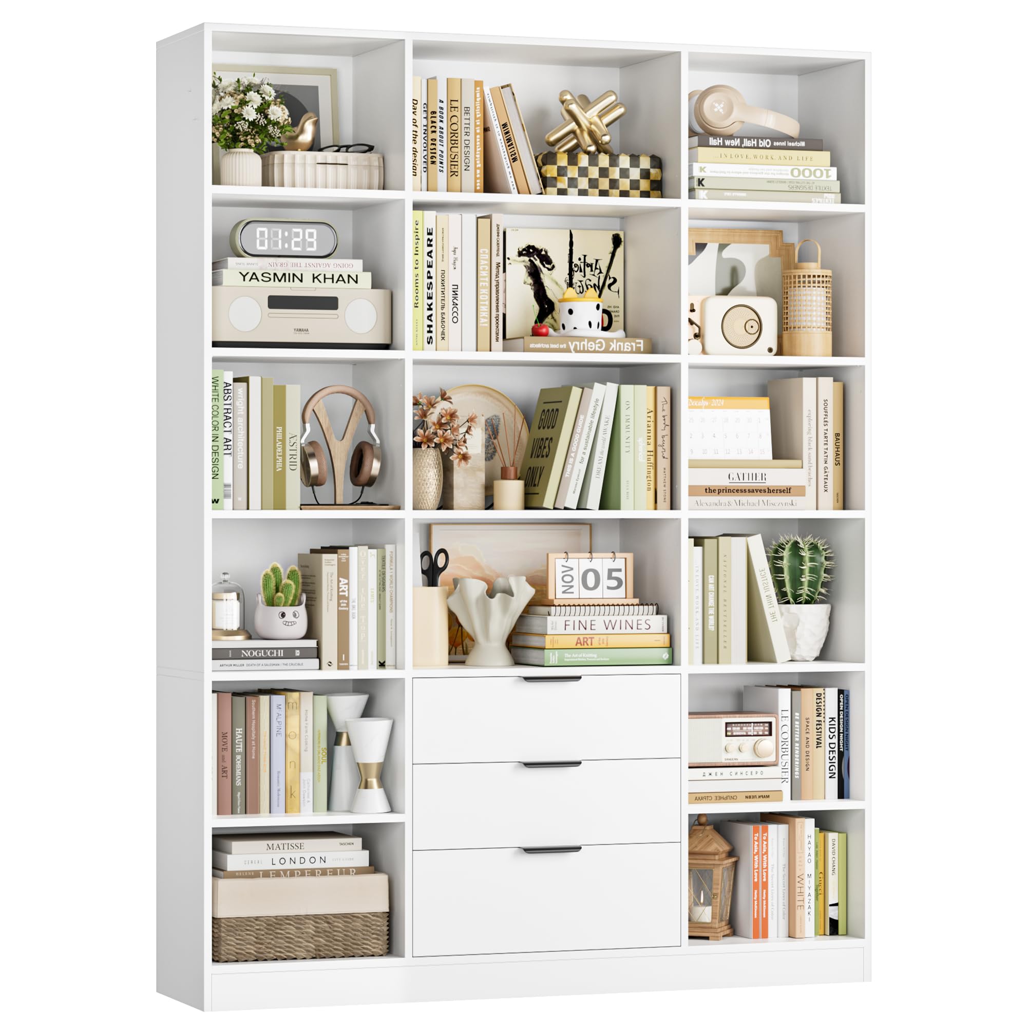 HOCSOK Large Bookcase with 3 Drawers, 16 Cubes, 6-Tier 180cm Tall Bookshelf
