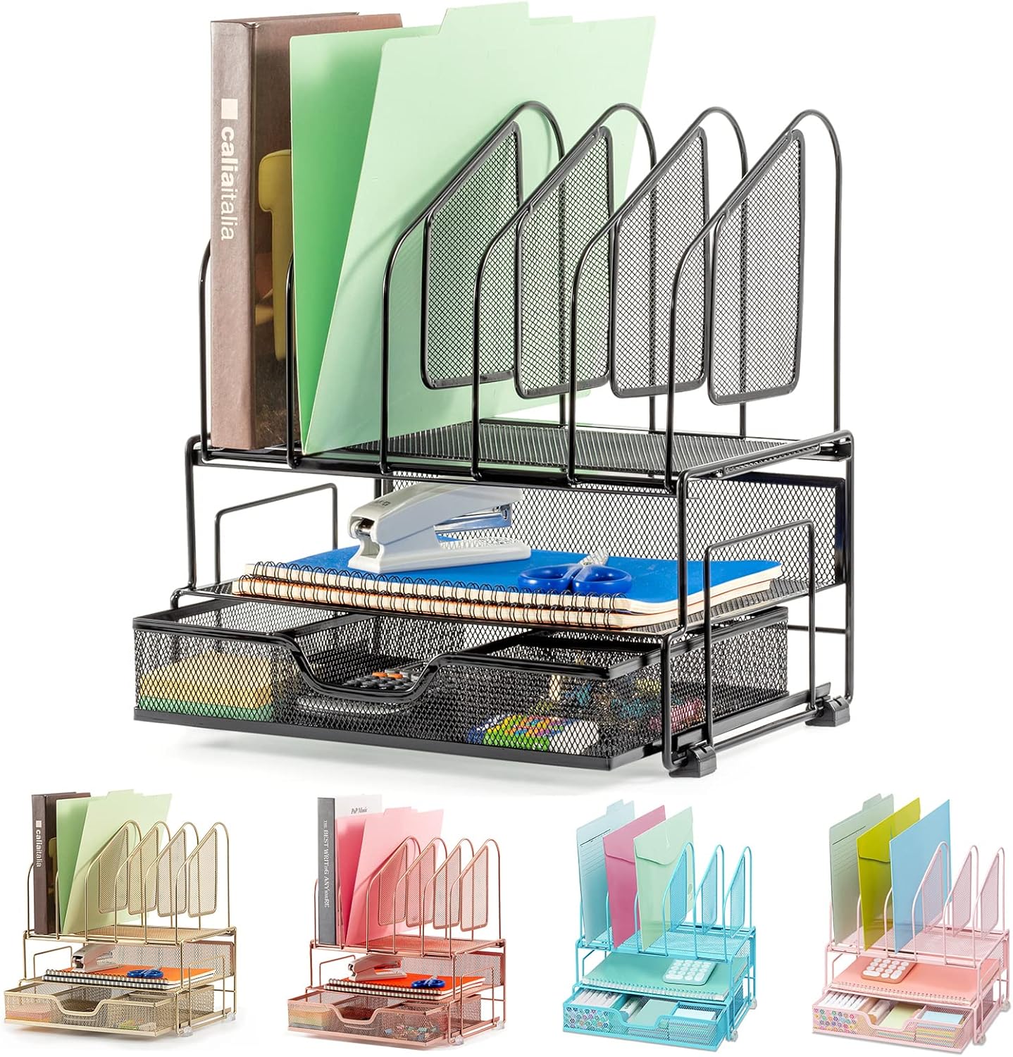 Beiz Desk Organizer with File Holders, Paper Tray, Drawer Black in