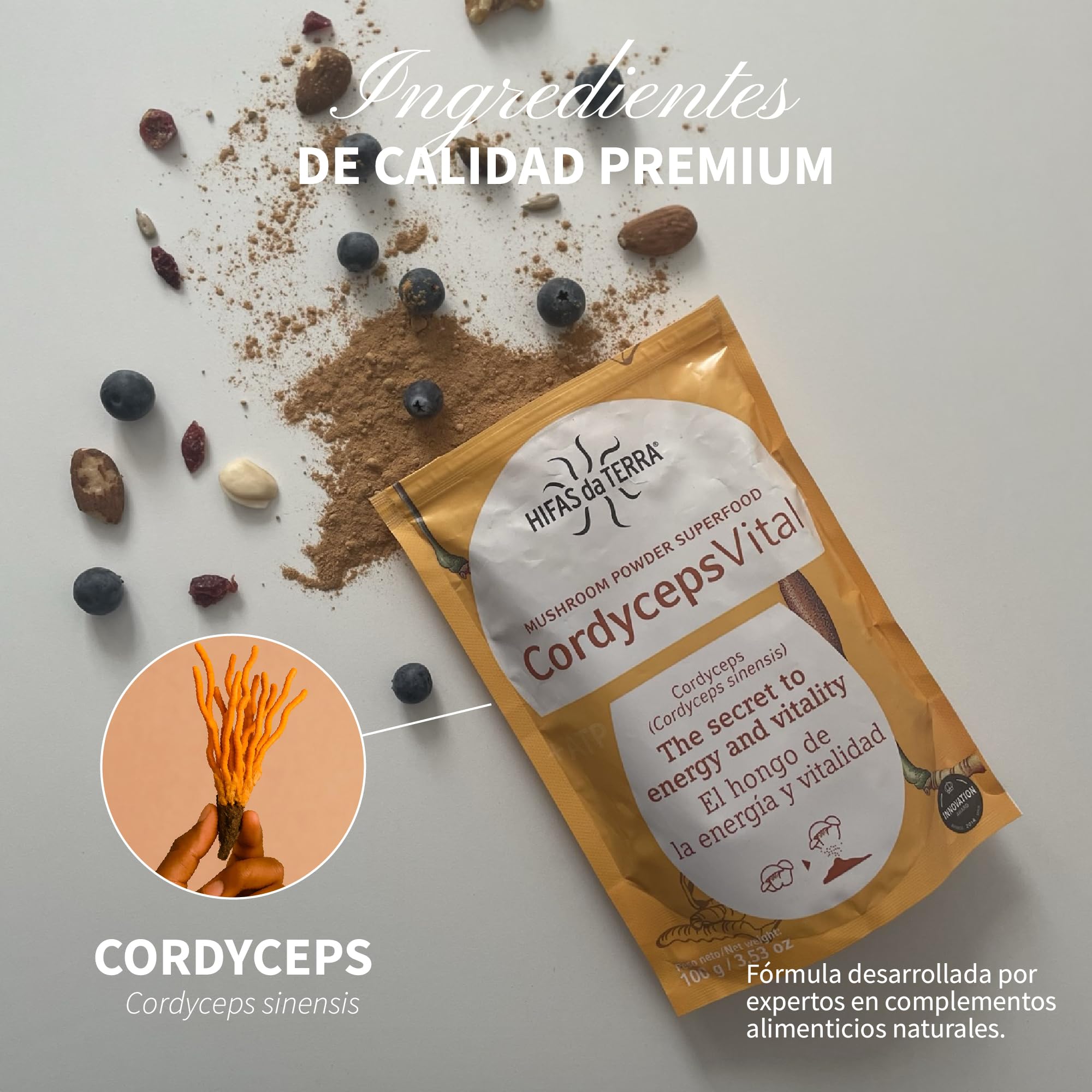 HIFAS DA TERRA - Cordyceps Vital 100% Polvo de Cordyceps - Superfood Polvo de Hongos - Energía, Vitalidad y Rendimiento - Suplemento Natural para el Bienestar General y la Actividad Diaria - 100 g