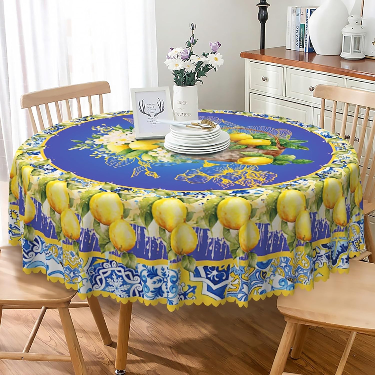 Blue and Yellow Lemon Round Tablecloth 70 Inch Italian Lemon Flower Summer Table Cloth Waterproof and Stain Resistant Fabric Table Cover for Kitchen Dining Picnic Indoor Outdoor Party Decor
