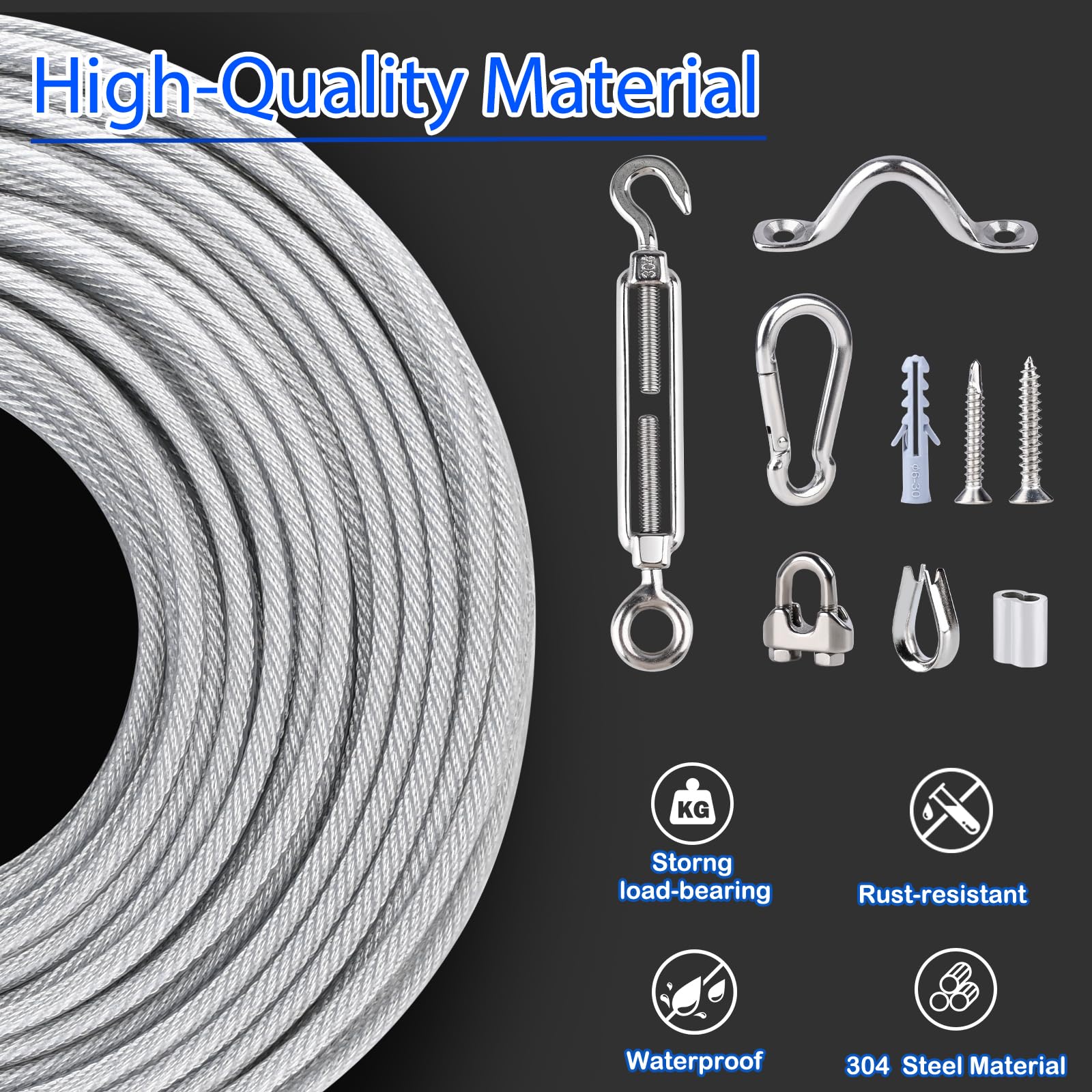5 mm Drahtseil-Kit, Edelstahl-Spannschloss-Drahtspanner-Kit mit 7×7 Litzenkern, 30 m PVC-Ummantelt Stahlseil für Terrassendraht-Treppengeländer, Sonnensegel, Hängelampe, Wäscheleine
