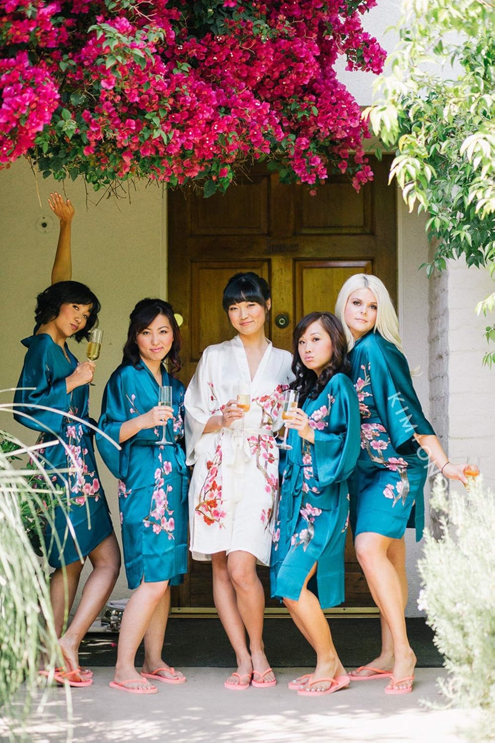 Old Shanghai Women's Silk Kimono Short Robe - Handpainted, Cherry Blossom Black, One Size.