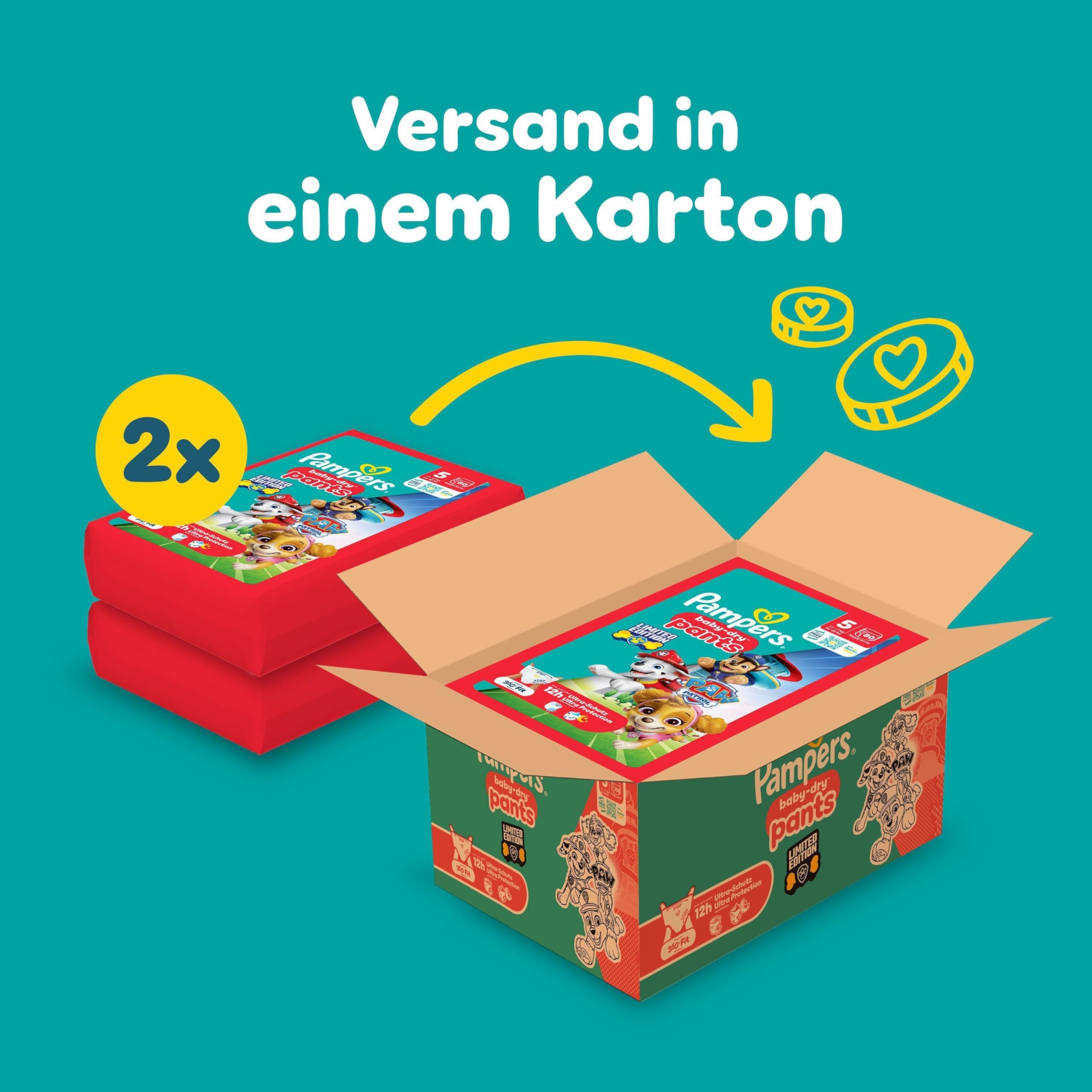 Nahaufnahme der Pampers Baby-Dry Pants Paw Patrol Edition Größe 5 mit den beliebten Charakteren.