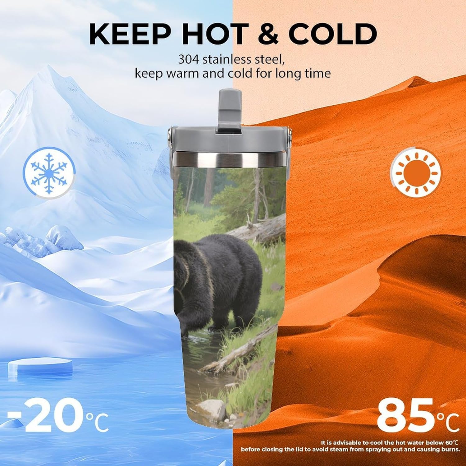 30 Oz Insulated Mug with Handle Lid And Straw Black Bears Fishing in The Stream Pattern Large Metal Sports Bottle Great for Gifts Parties Office Coffee