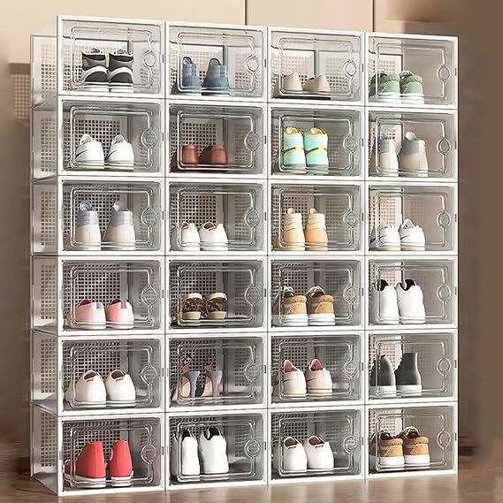 Wttfc Shoe Storage Boxes, 12 Pack Clear Plastic Stackable Shoe Organizer Sneaker Boot Shoe Display Case for Closet Collection Storage Shoe Boxes with Transparent Doors and Vents,White [Energy Class A]