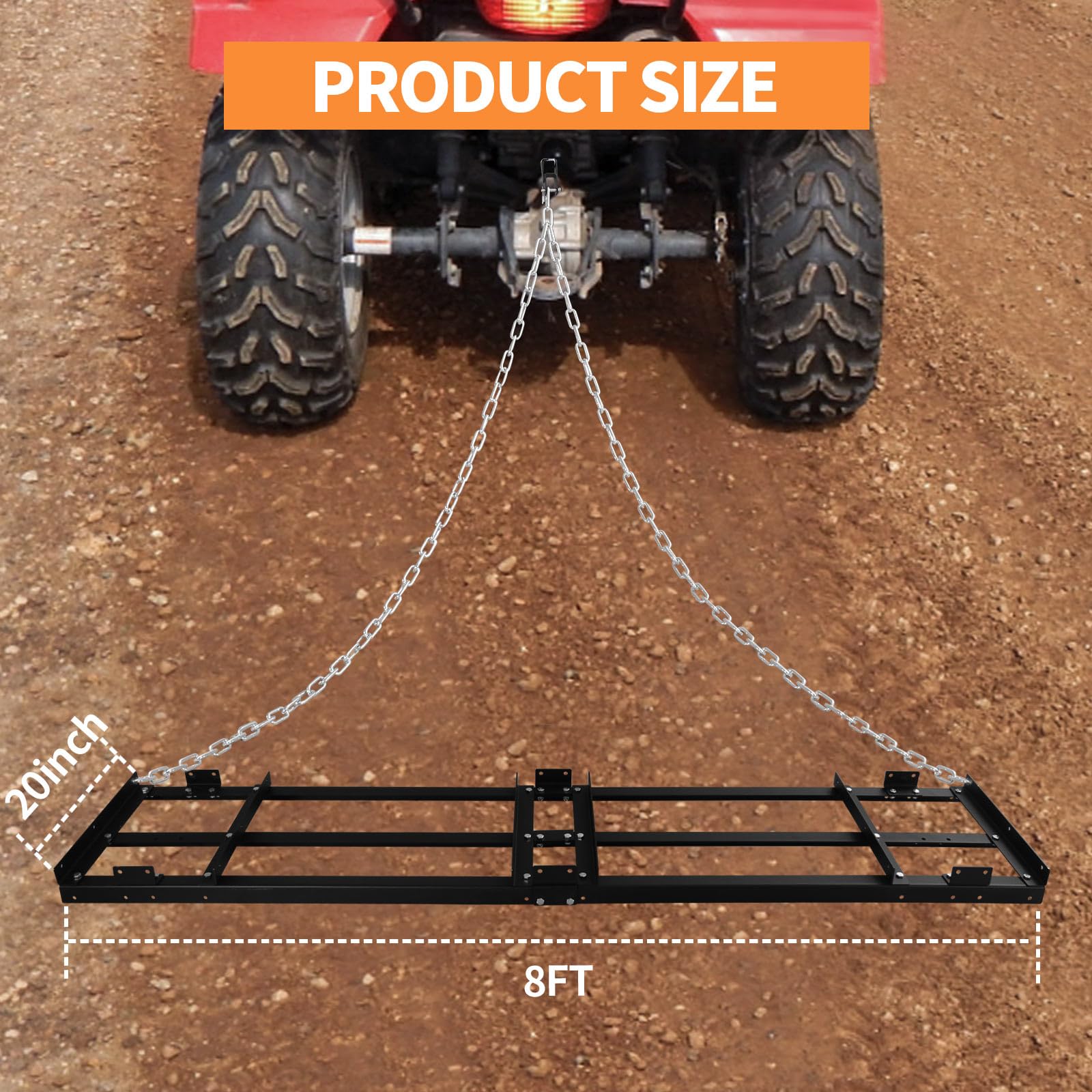 Remolque resistente detrás del rastrillo de césped y nivelador de tierra para grava, suelo y heno, compatible con ATV, UTV, tractor y cortacésped