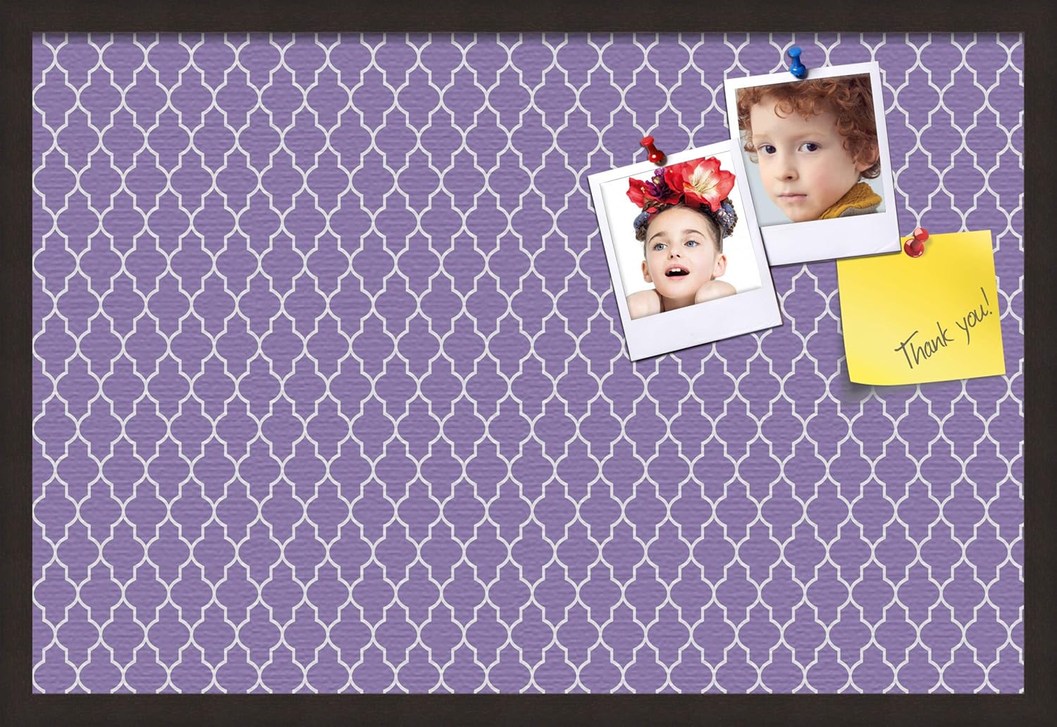 ArtToFrames 18x12 Custom Cork Bulletin Board. This Quatrefoil Purple Pin Board Has a Fabric Style Canvas Finish, Framed in Mahogany (PinPix-282-18x12_FRBW26039)