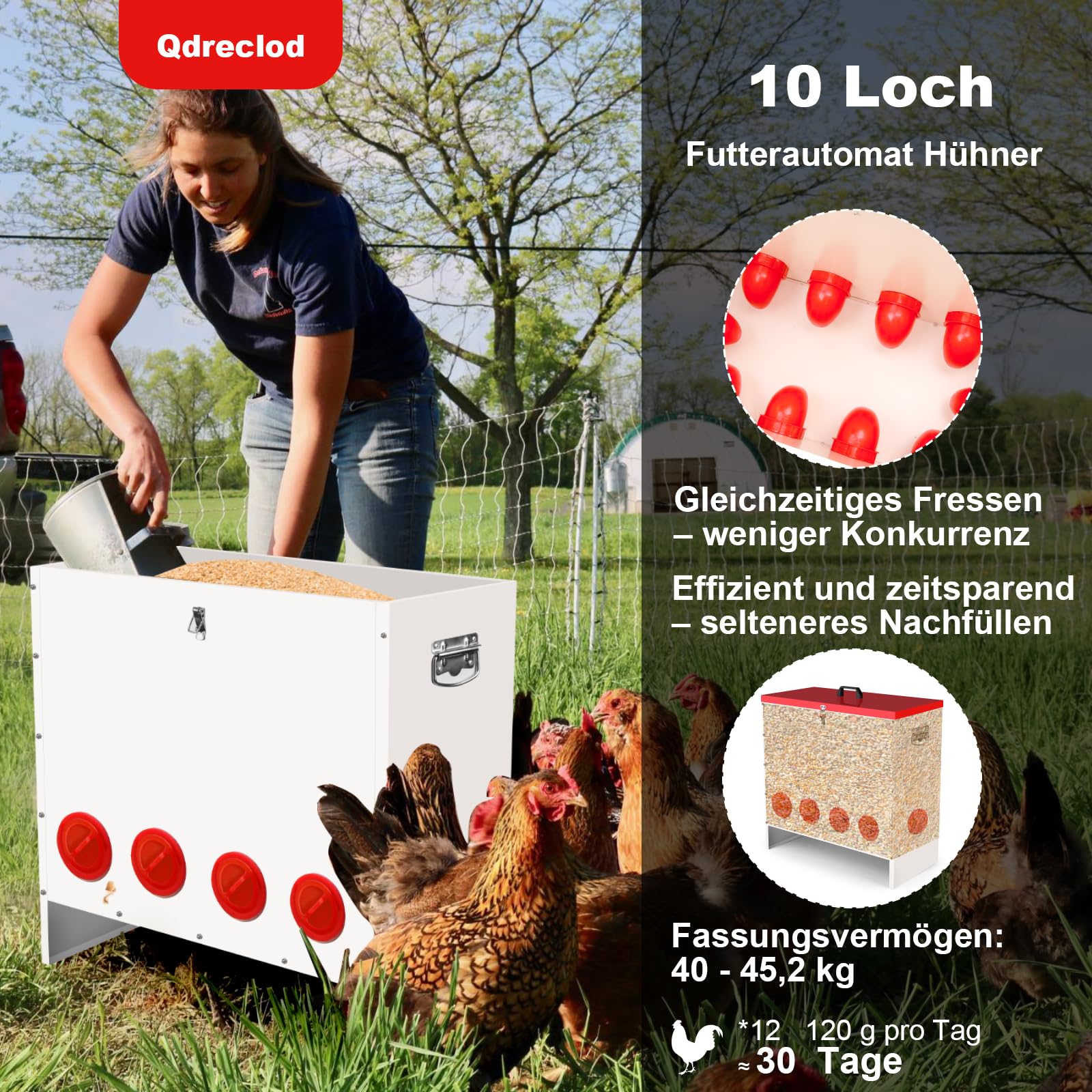 Futterautomat für Hühner 45.2 kg, Großvolumiger Hühnerfutter Automat mit 10 Futterstellen, Reduziert Futterverlust, für Hühner, Enten und Gänse