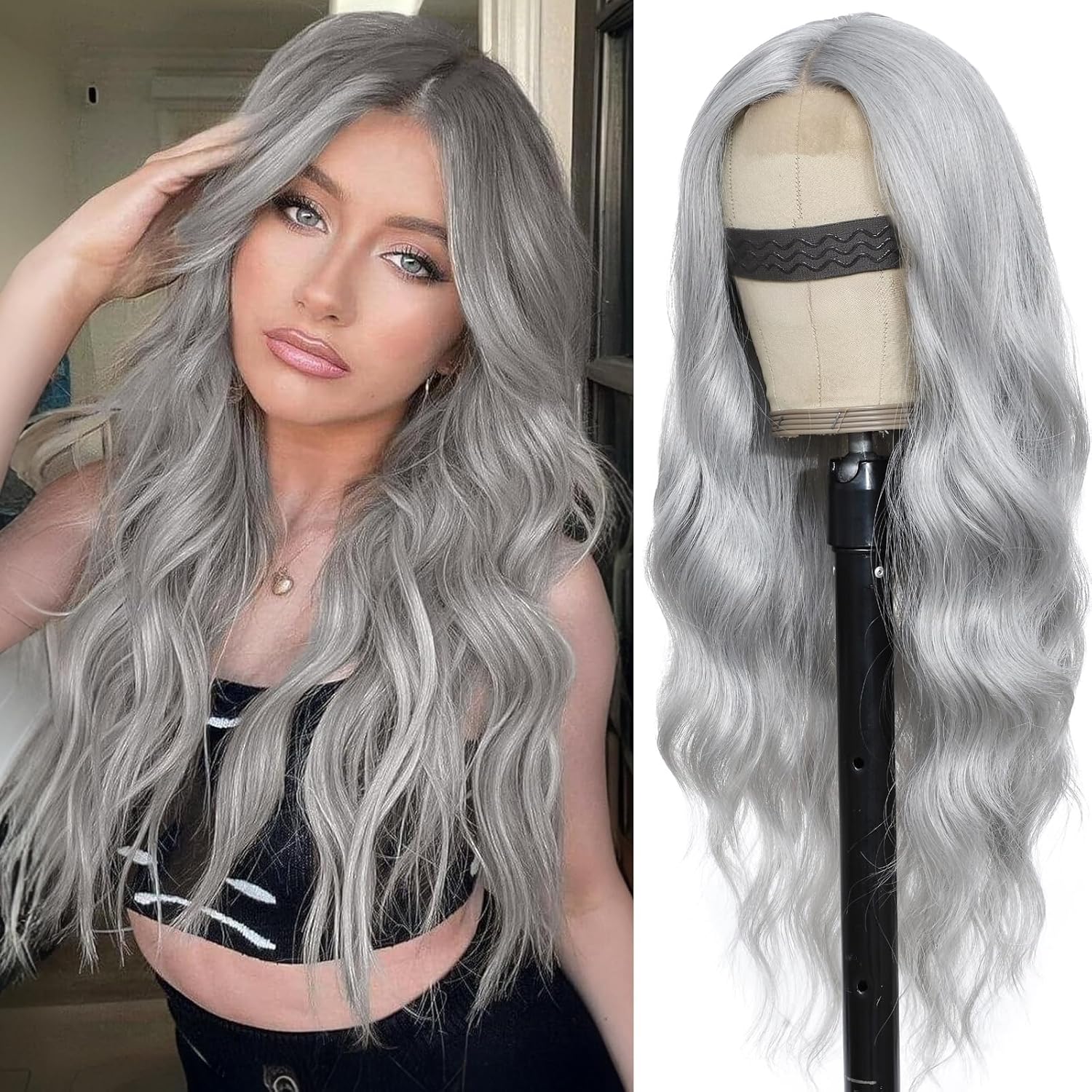 Gray Wig for Women, Long Grey Wavy Wig Middle Part 26 Inch Grey Wigs Heat Resistant Synthetic Wigs for Daily Party Use Gray Wig for Women, Long Grey Wavy Wig Middle Part 26 Inch Grey Wigs Heat Resistant Synthetic Wigs for Daily Party Use