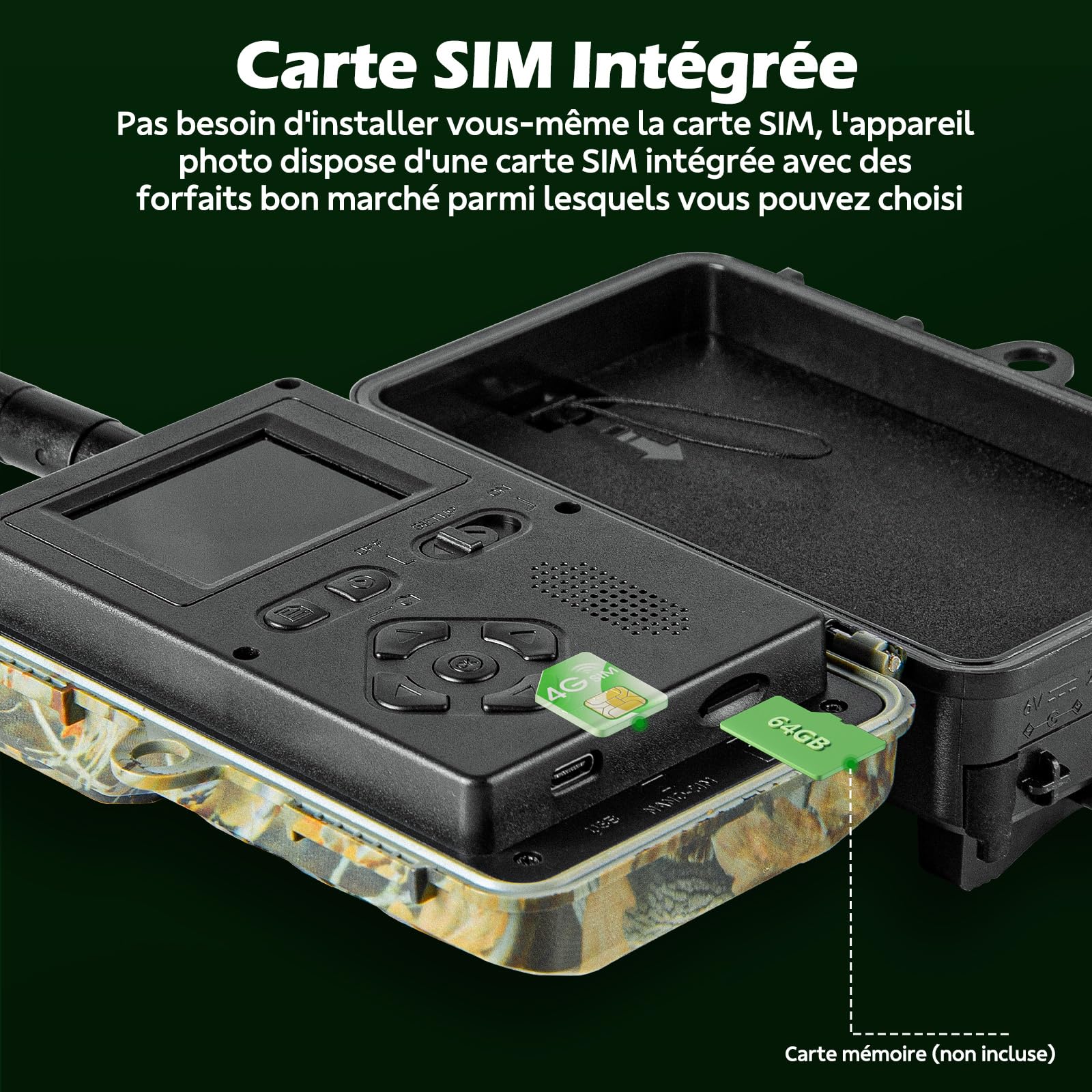 Caméra de Chasse 4G connectée, Carte SIM, Application, 32 MP, 1080P, IP66 | Vision nocturne infrarouge, détection PIR, 2 LED 850 nm, accès via application – forêt, terrain, chasse et faune sauvage