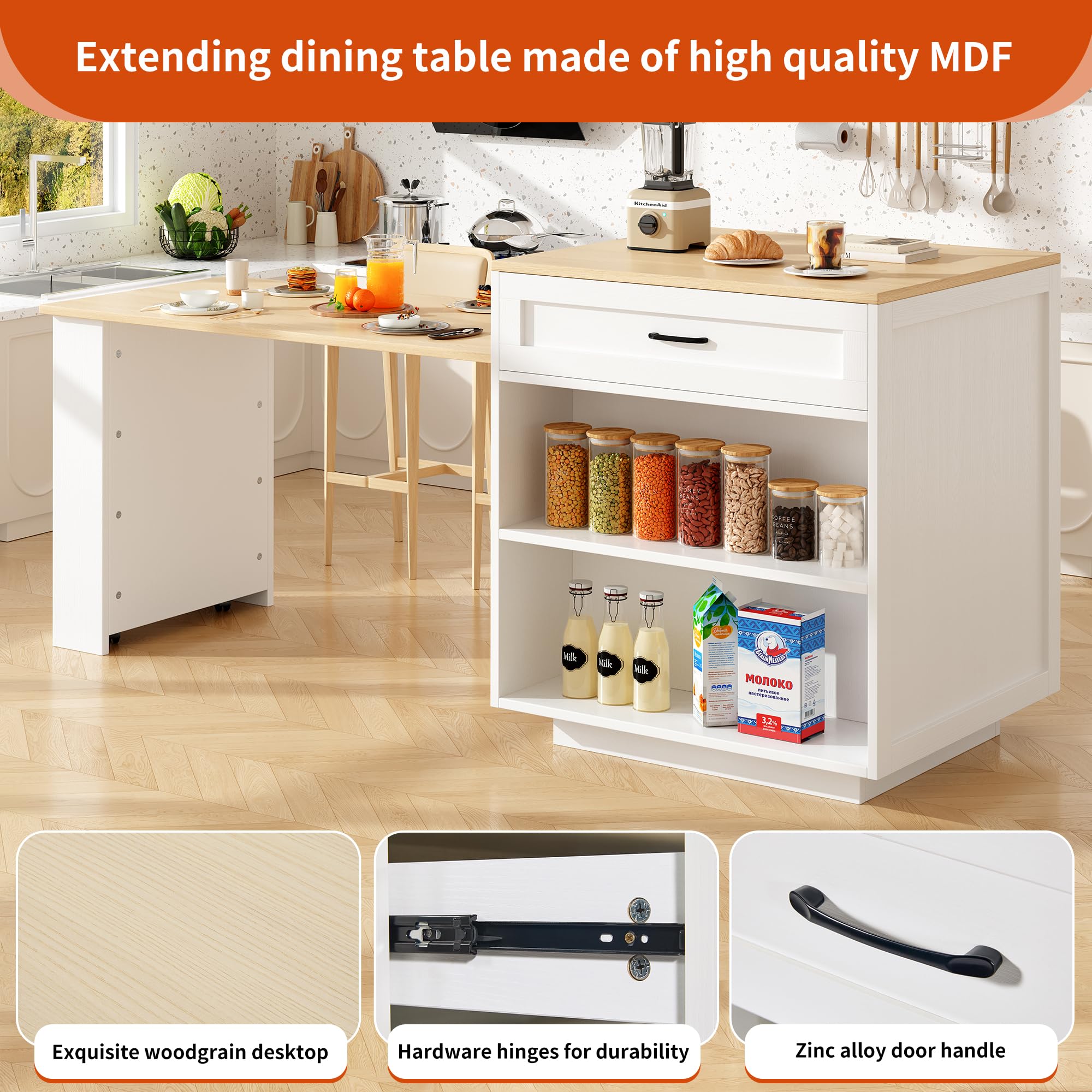 Oslghy Ausziehbarer Bartisch Weiß - 360° Drehbarer Kücheninsel 120-180cm Mit Schubladen