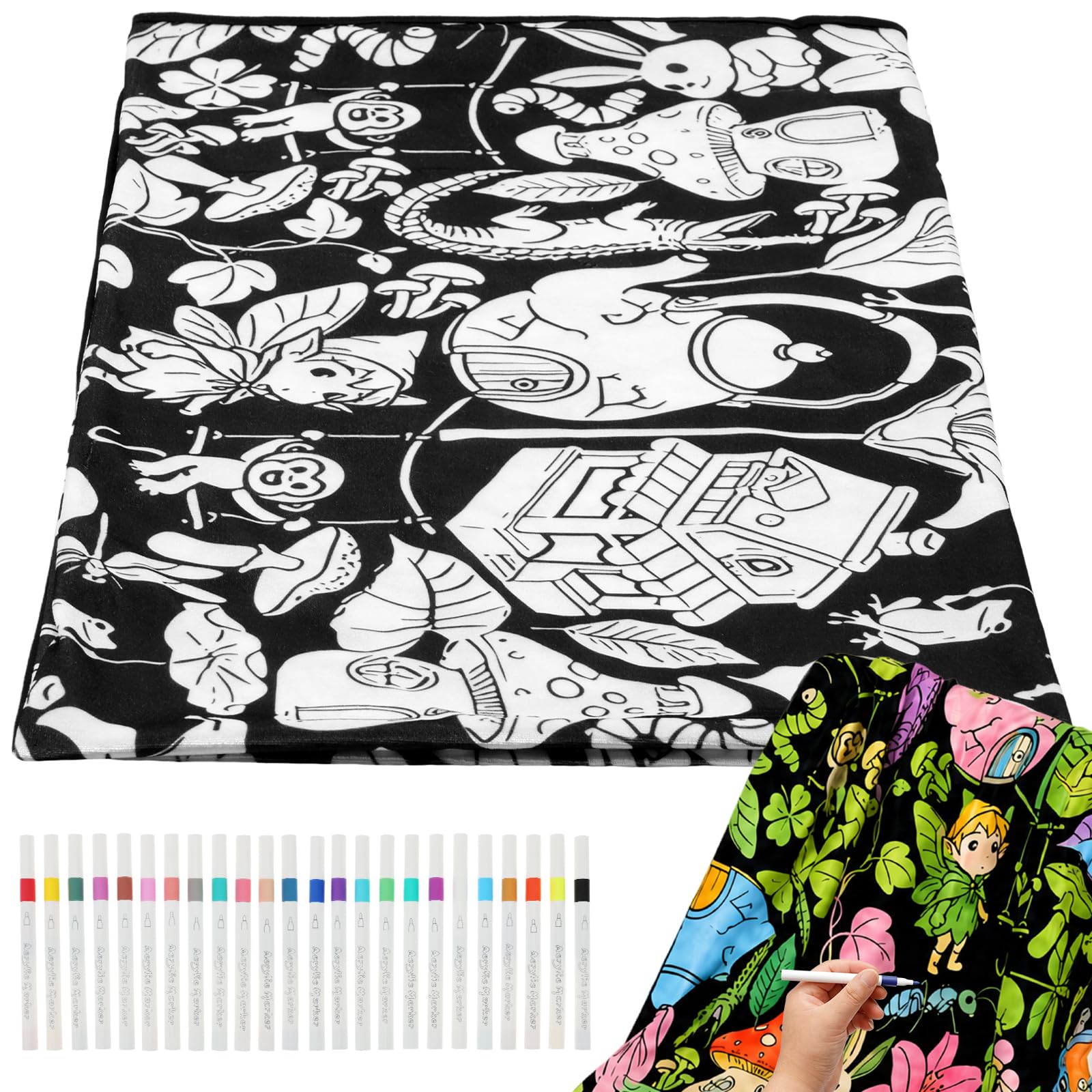 YUNYOUC DIY Colouring Blanket for Adults, DIY Coloring Blankets, Washable Colour Your Own Picnic Blanket with 24 Colors Markers, Creative Stress Relief Activity (Fairy)