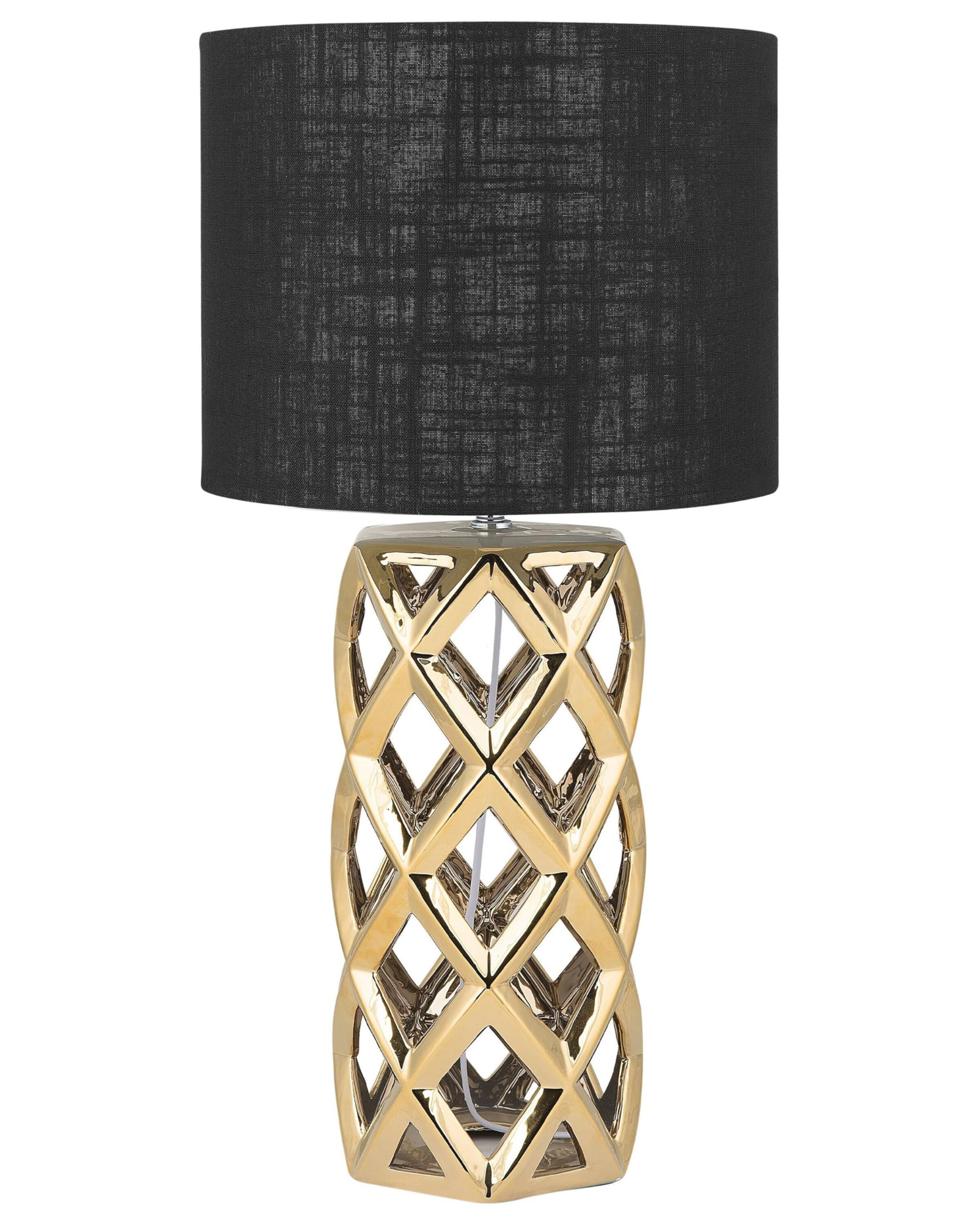 Beliani Tischlampe Keramik geometrisch gold mit Stoffschirm Trommelform schwarz Sejla