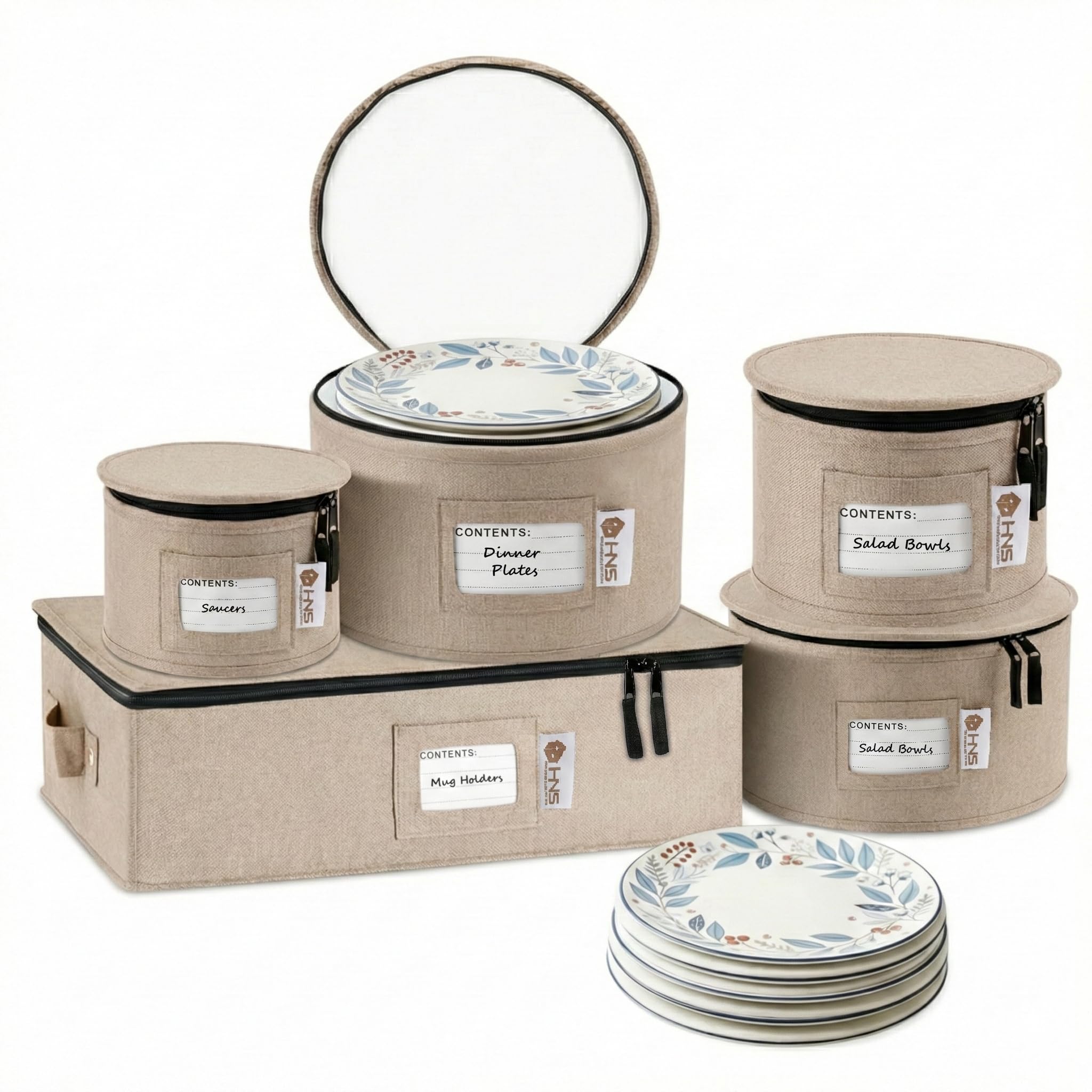 China Storage Hard Shell Containers 5-Piece Set Moving Boxes for Dinnerware, Glasses, Plates, Mugs and Saucers Sturdy Dish Organizer with Dividers for Seasonal Storage - Service for 12 - Brown