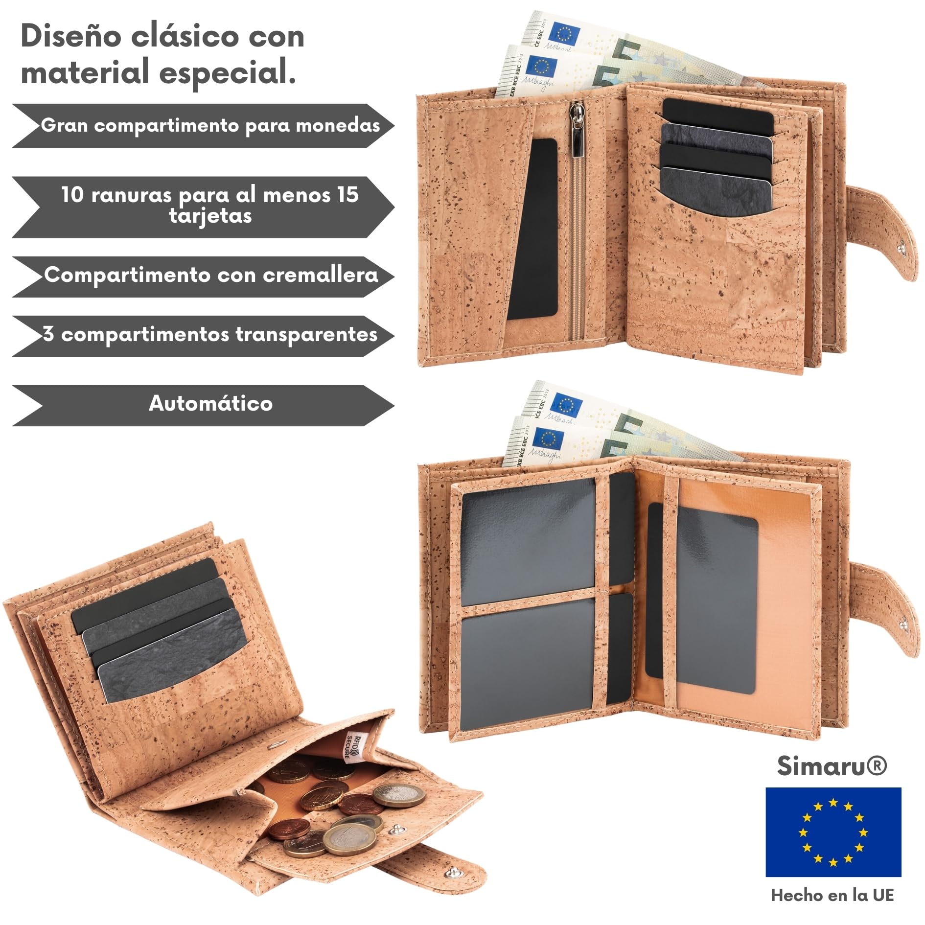 Simaru Cartera Billetera Monedero pequeña y espaciosa con Monedero – Cartera de Cuero Vegano con Cremallera y Espacio para 16 Tarjetas – para Hombres y Mujeres (Marrón)