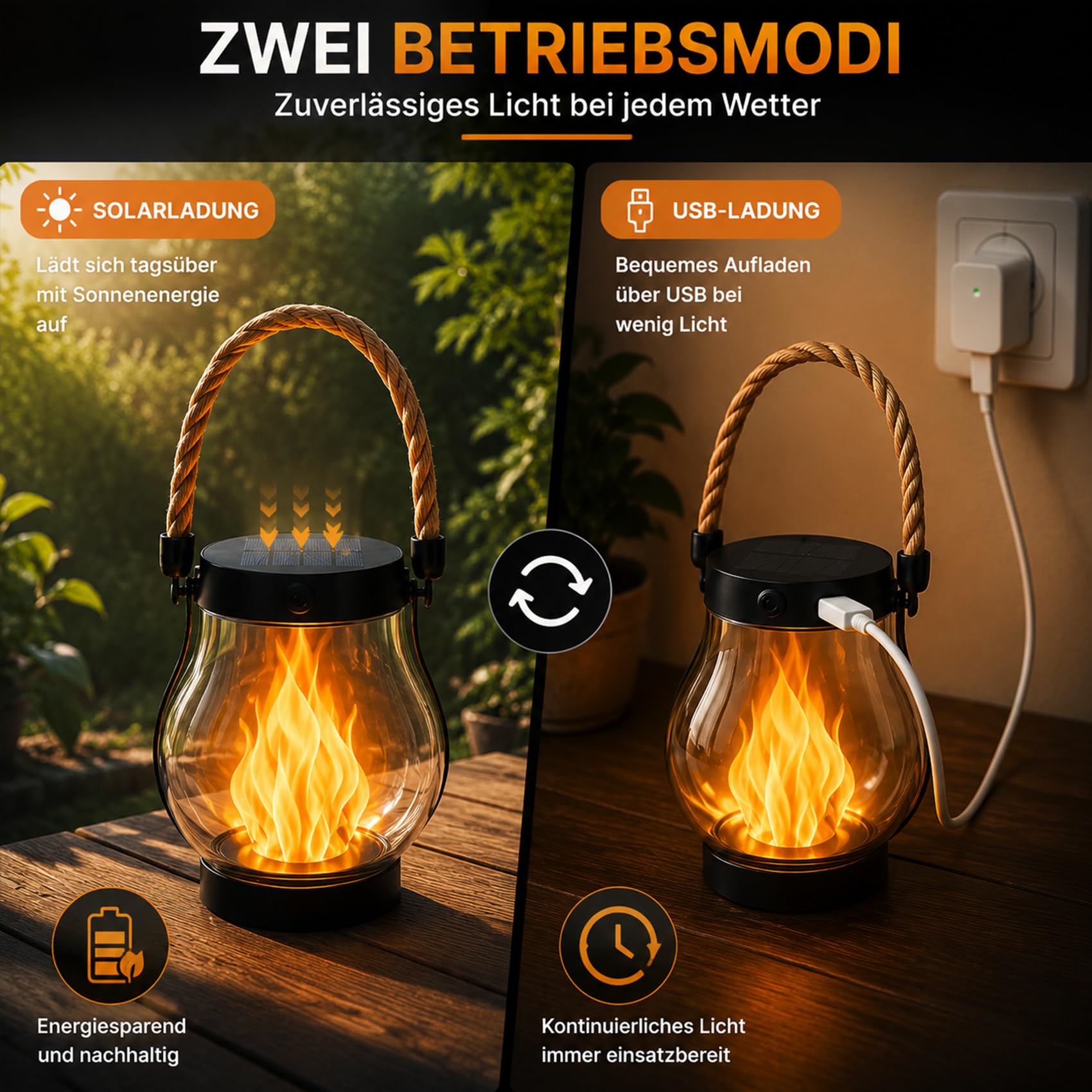 Klynero Solar-Laterne mit Flammeneffekt, 2027 NEU Klynero LED Solar Lantern, Solar- und USB-C-Ladung für AußEn Halloween Dekoration, Ideal für Garten, Balkon und Terrasse (2 Stück)