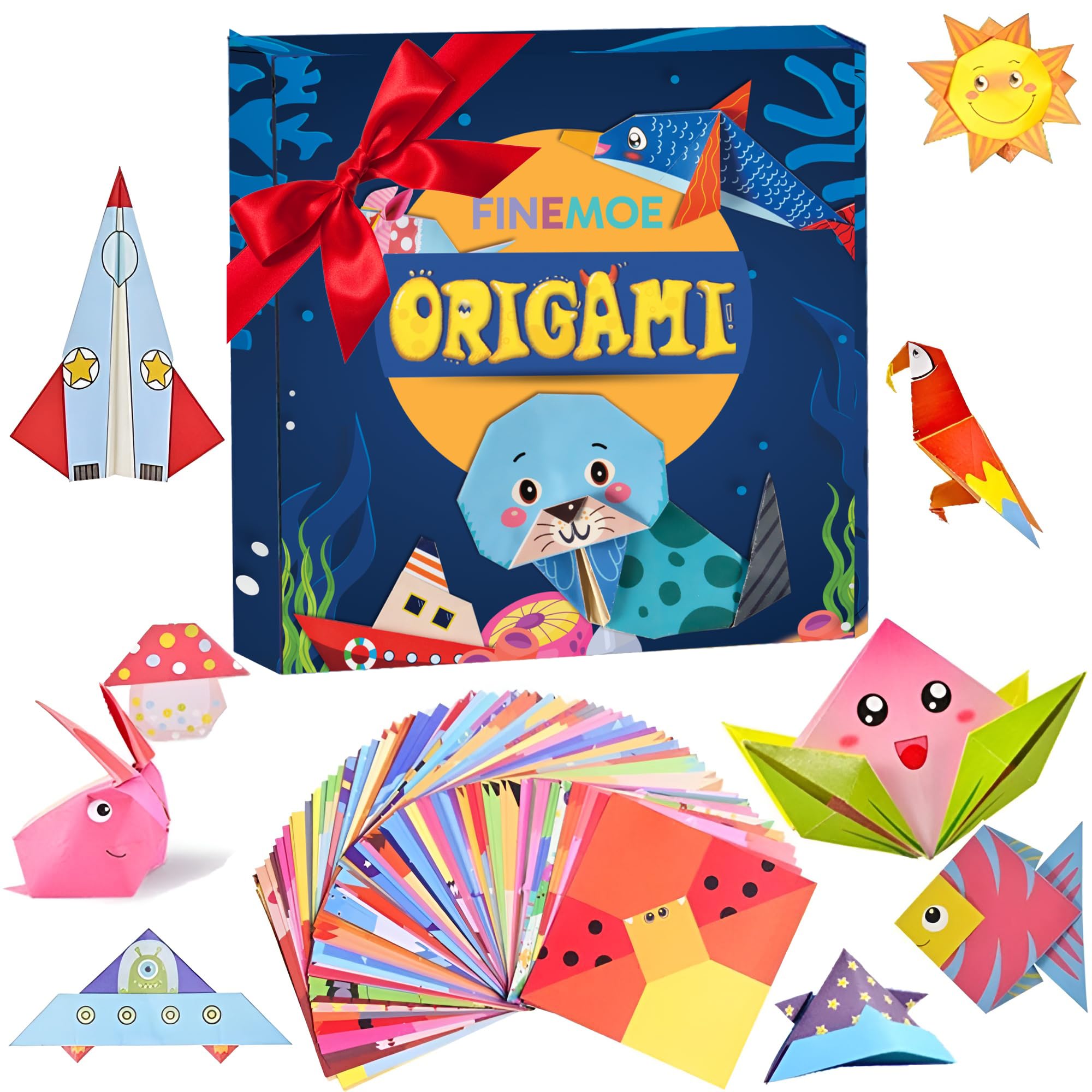 FINEMOE 100 Pieces 50 Projects DIY Kit for Kids, 3D Origami Kit with Origami Book, Paper Size:7 in /18Cm *7 in /18Cm, Art Activity, Craft Materials, Birthday Return Gifts,100 Sheets,Multicolor