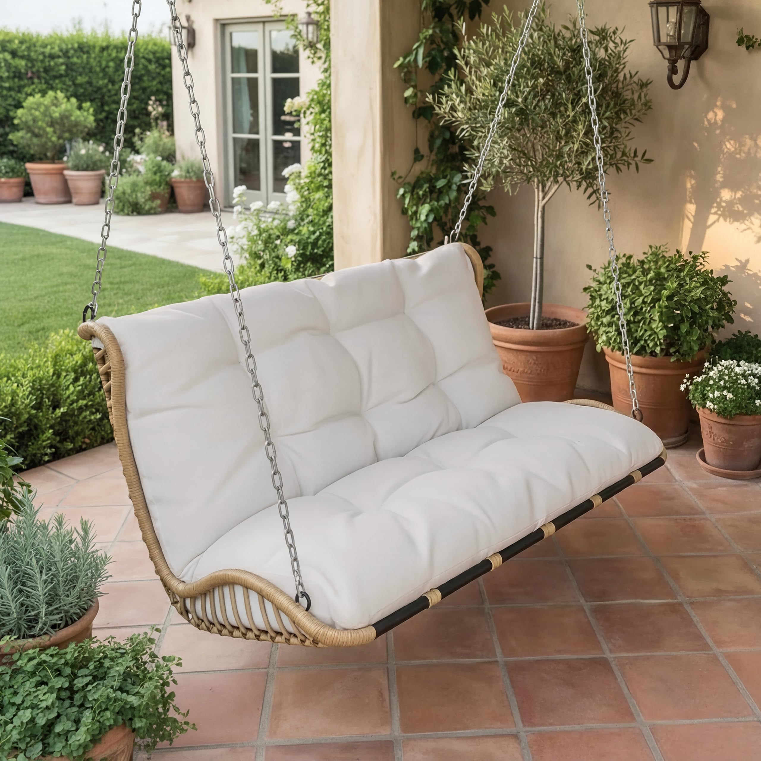 PE-Rattan-Schaukel-Doppelsitz, Hängeschaukel für den Garten im Freien, mit Kissen und 2 Ketten, ohne Rahmen, Kissen sind abnehmbar und waschbar