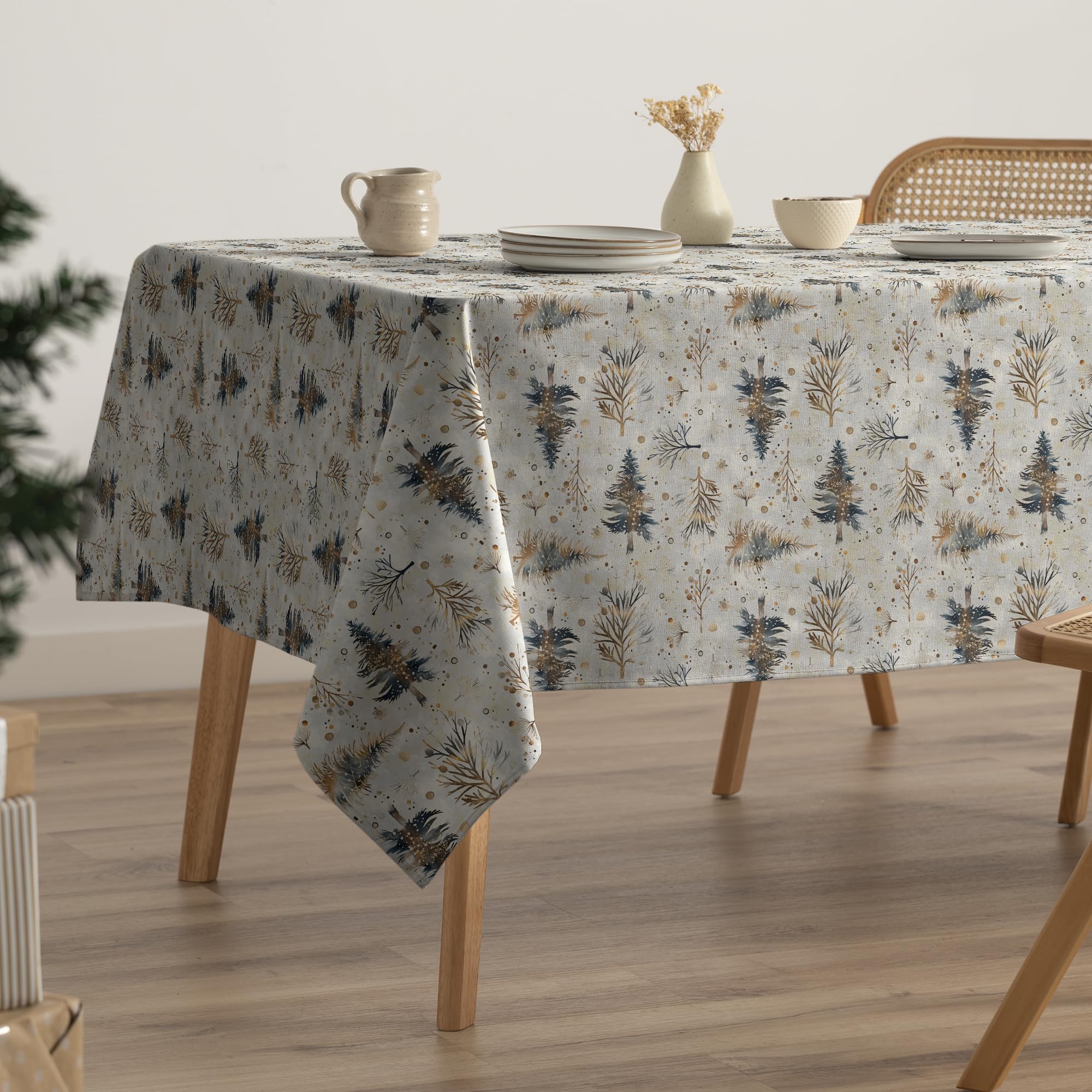 GAMUSI Mantel Navidad Antimanchas Árboles Algodón Mesa Comedor Decoración Navideña Rectangular Tacto Tela 160x200 cm