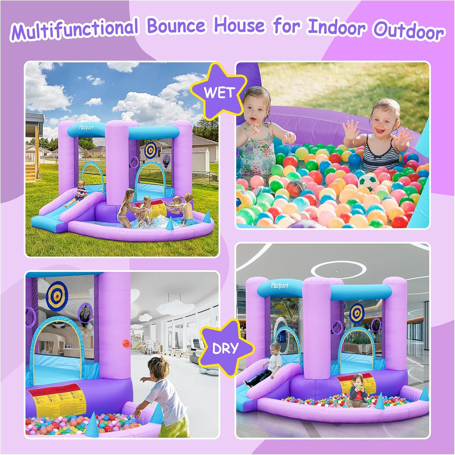 FBSPORT Inflatable Bounce House, Kids Bounce Castle Slide for Indoor Outdoor,Toddler Baby Jumper Bouncer, Kids Jumping Bouncy House with Blower, Ball Pit Pool, Basketball Hoop, Dart Game, Blue