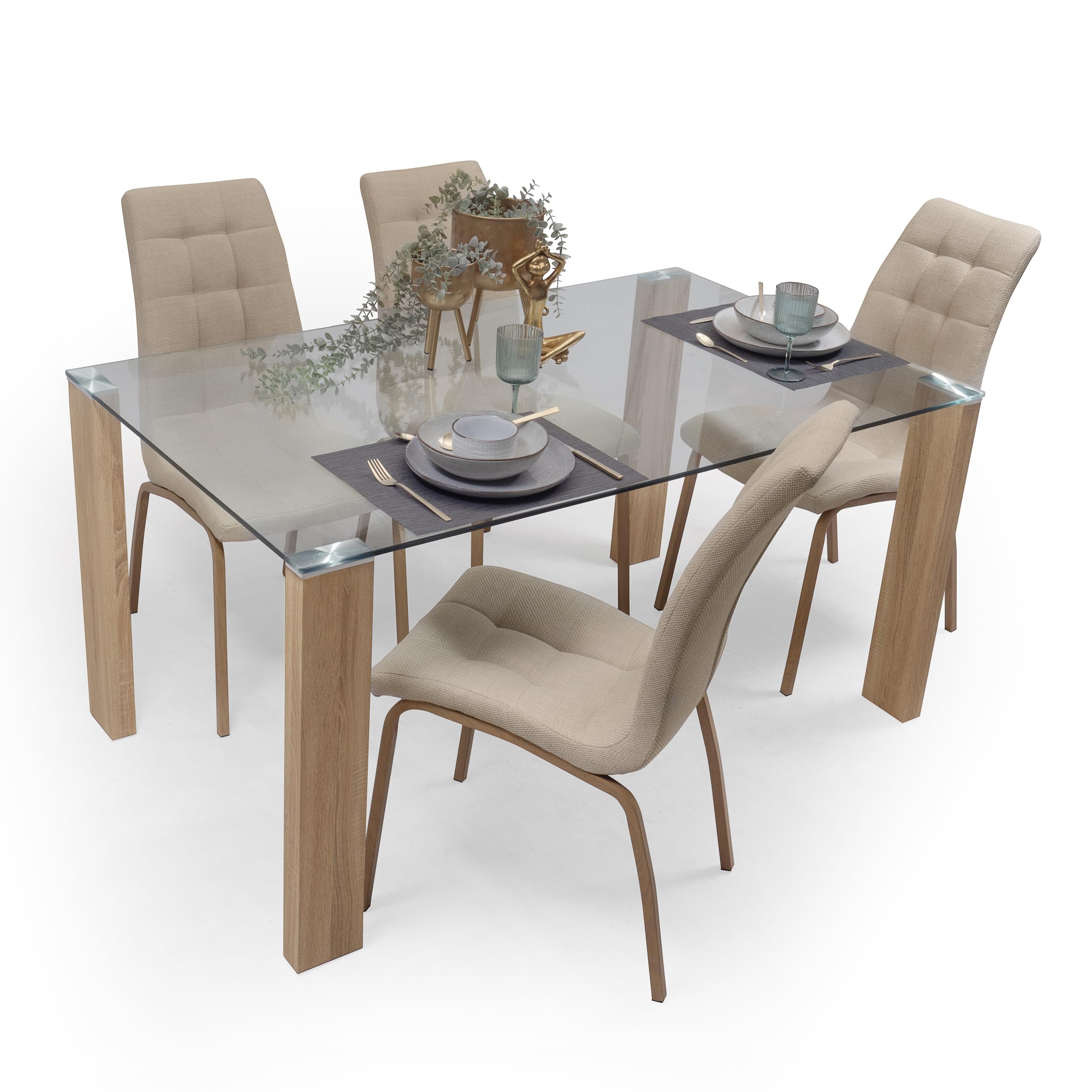 Homely | Mesa de Comedor ROSSET | Mesa Salón, Cocina, Oficina | Estilo Moderno | Diseño Sencillo, Actual y Elegante | Tapa Cristal Templado | Patas de MDF Laminadas Color Madera | 140x90 cm