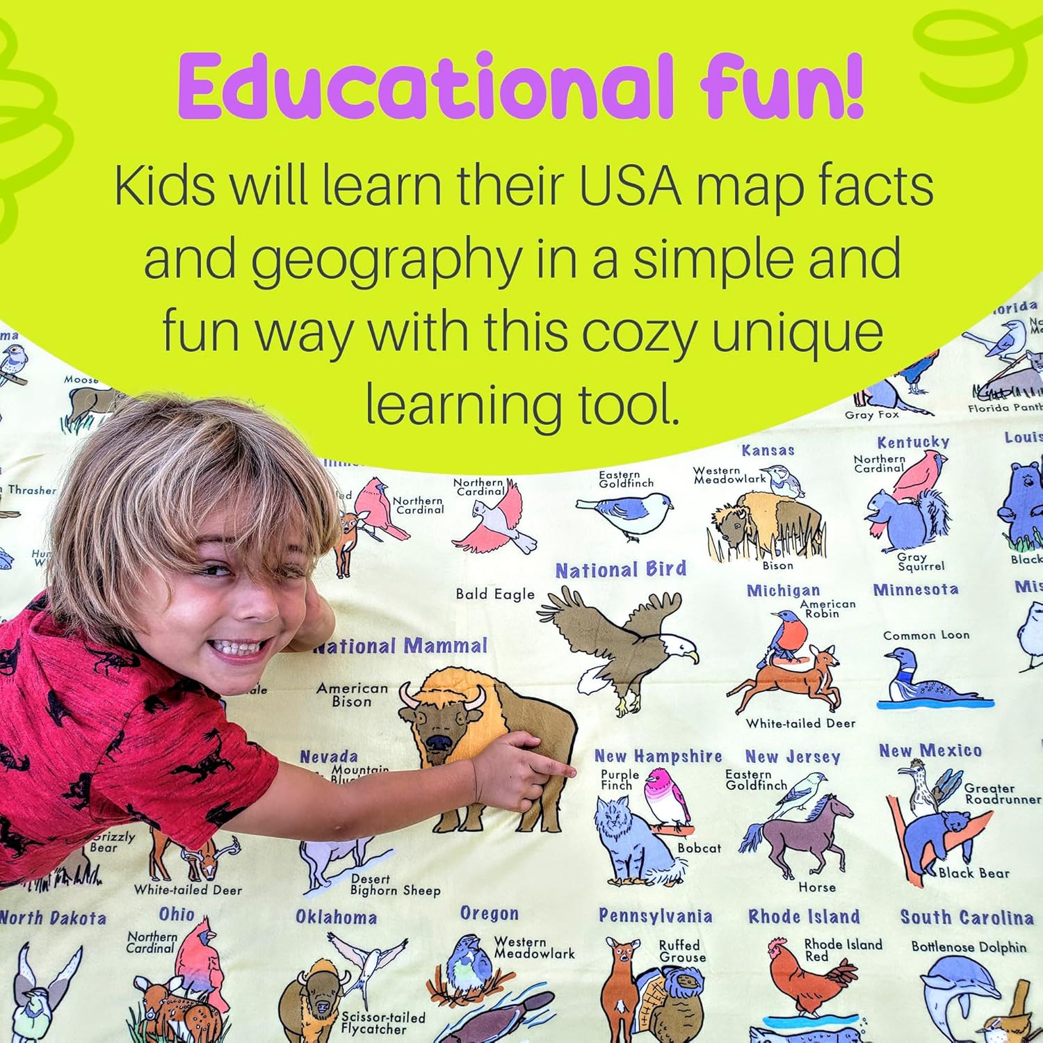 Birdy Boutique – 50 States Learning Blanket® – Double-Sided Throw – U.S. Geography Educational Blanket for Kids – Soft Minky Fleece 50" x 60" PreschoolBlanket – USA Map & State Facts for Toddlers