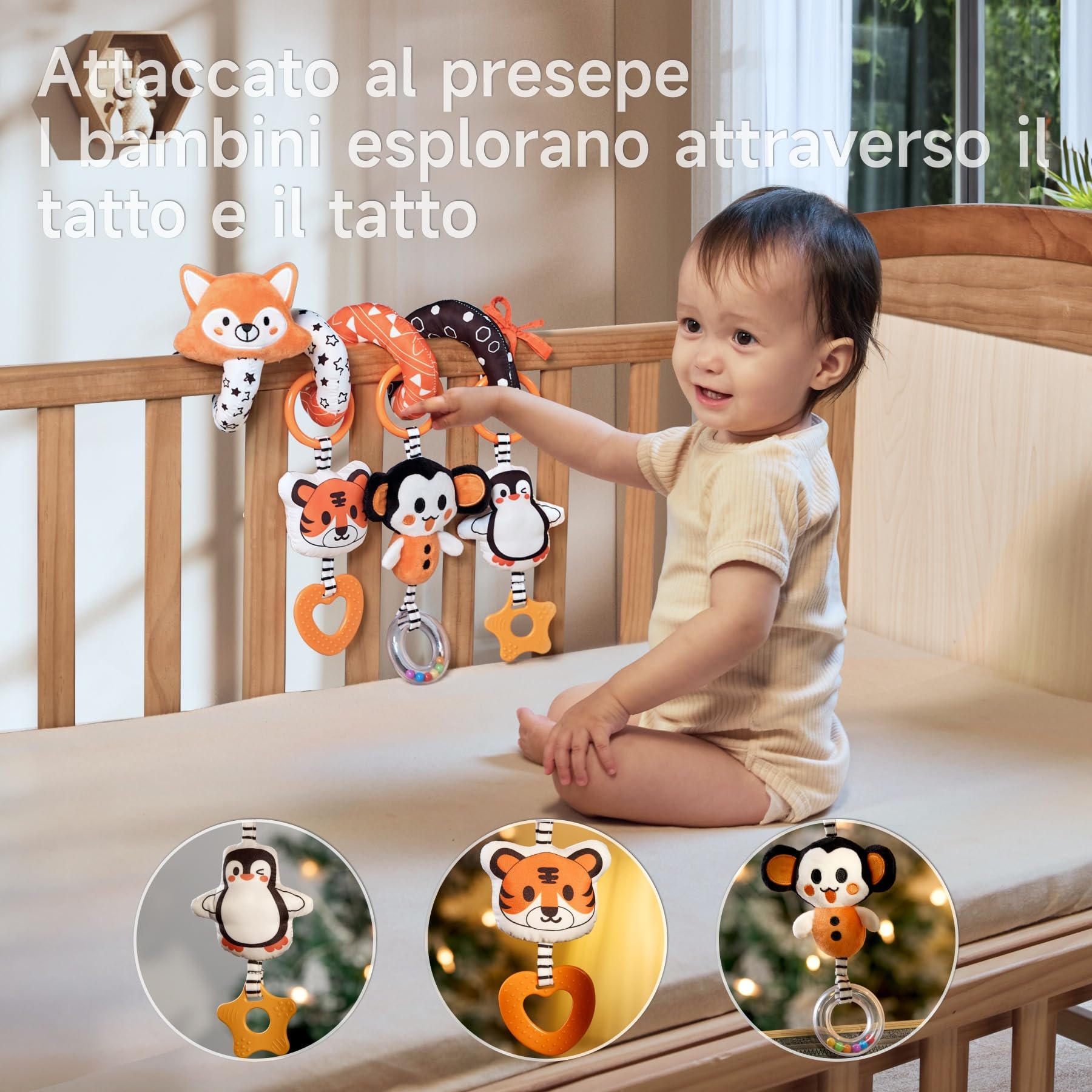 TUMAMA Giochi Spirale da Passeggino per Neonato 0 2 3 6 9 12 Mesi, Peluche Bianco e Nero Spiral Passeggini Giocattolo Gioco per Neonati Bambina Ragazzo, Volpe Culla Carrozzina con Sonaglio Teether