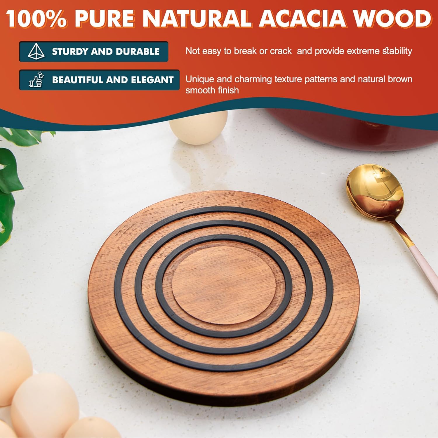 Magnetic Wooden Trivet, 9″, Acacia Walnut Wood, Compatible with le creuset Cast Iron Dutch Ovens, Scalloped Magnetic Trivet Wood, Kitchen Magnetic Pot Holder Five-Years Free Replacement