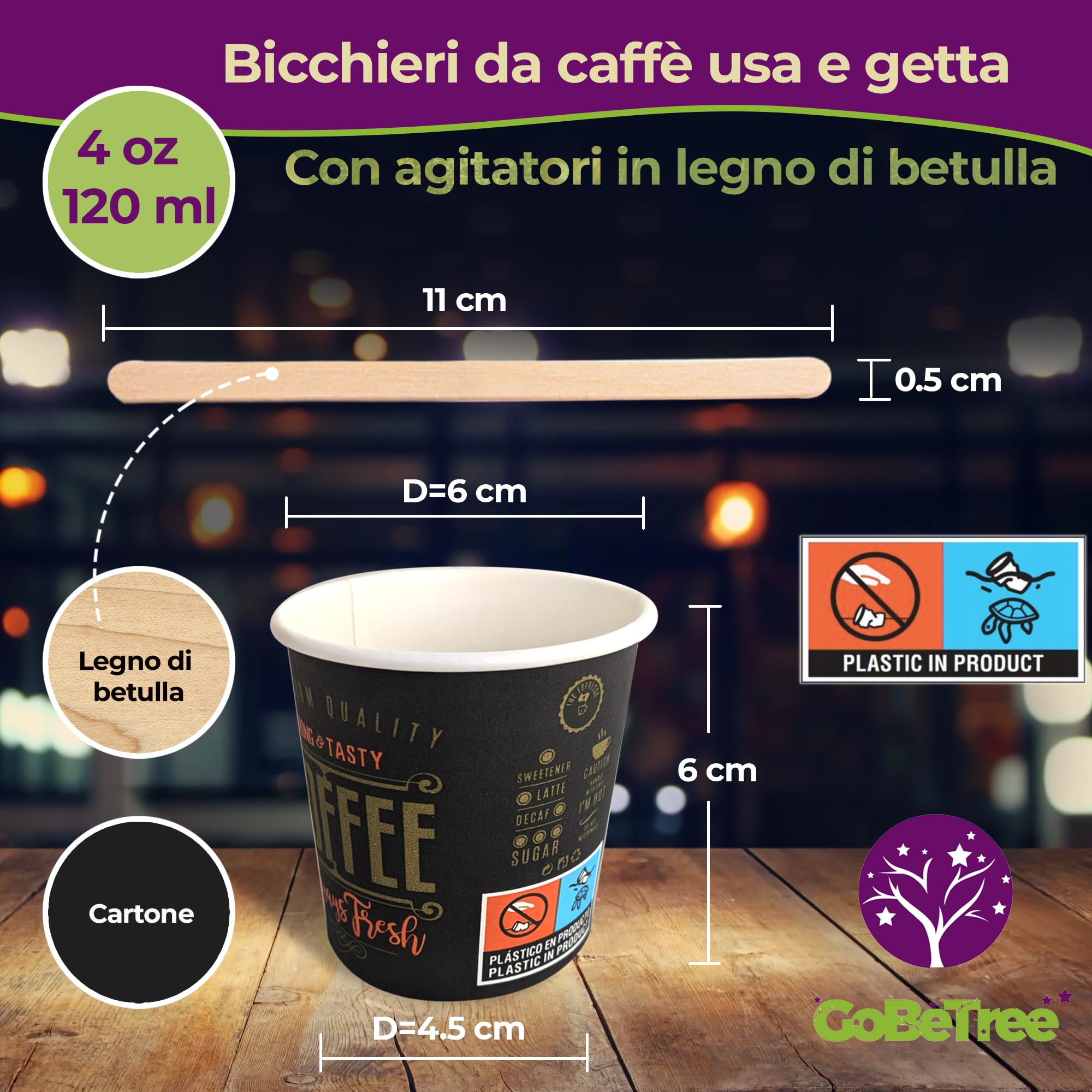 GoBeTree 200 Tazze Da Caffè Espresso In Cartone 240 Ml Con 200 Agitatori In Legno Di Betulla – Biodegradabili E Riciclabili