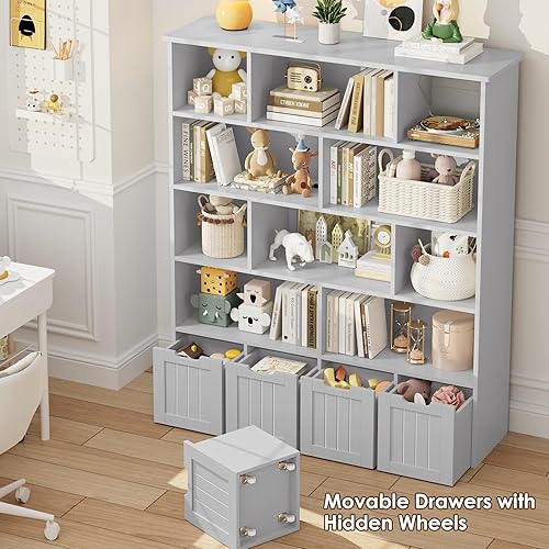 Miniatura 5 de FINETONES Organizador de almacenamiento de juguetes de 5 niveles, estantería para niños de 57.5 pulgadas de alto con 4 cajones móviles y 10