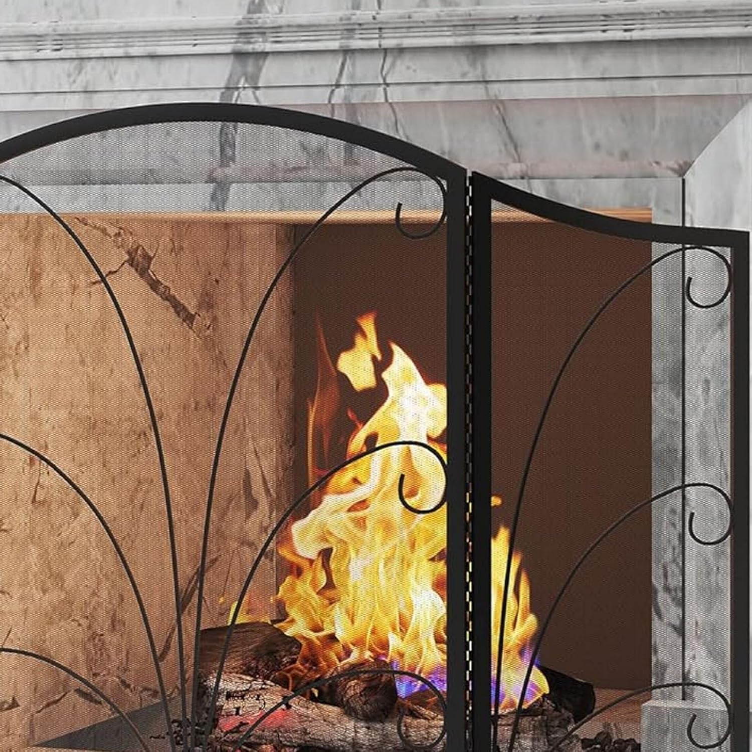 JKGHK 3-Panel Fireplace Screen, Foldable Scroll Wrought Iron Fireplace Spark Guard Cover, Arched Protector Fireplace Cover, Fire Place Decorative Fence for Home Decor