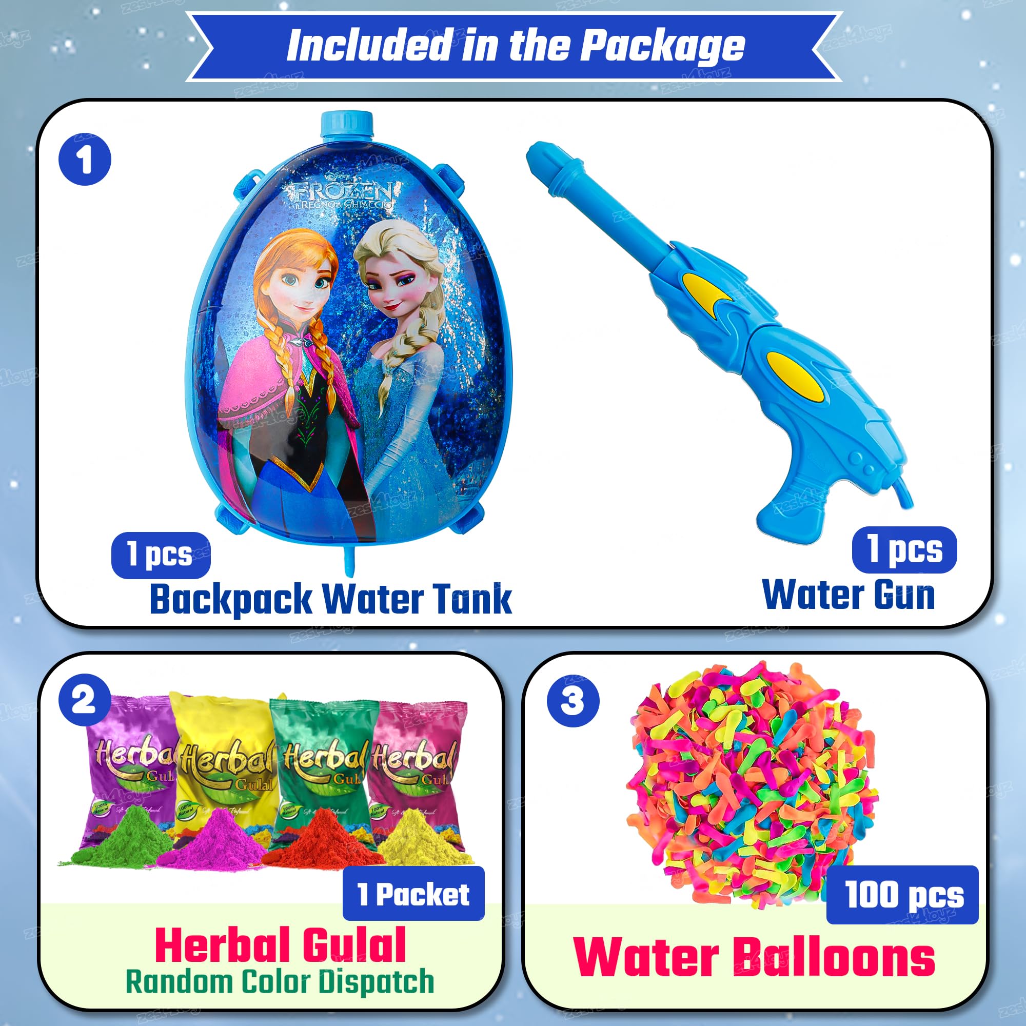 Zest 4 Toyz Holi Pichkari Water Gun for Kids Backpack Tank Water Spray with Holi Combo 100 Balloons and 1 Pkt Holi Color for Holi Celebration- Boys and Girls(Gold Tank) 2