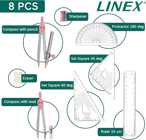 Linex Maths Geometry Set, 10-Piece Exam Kit with Transparent Case, Pink, Includes Self-Centring Compasses, Protractor, Ruler, Set Squares & Eraser
