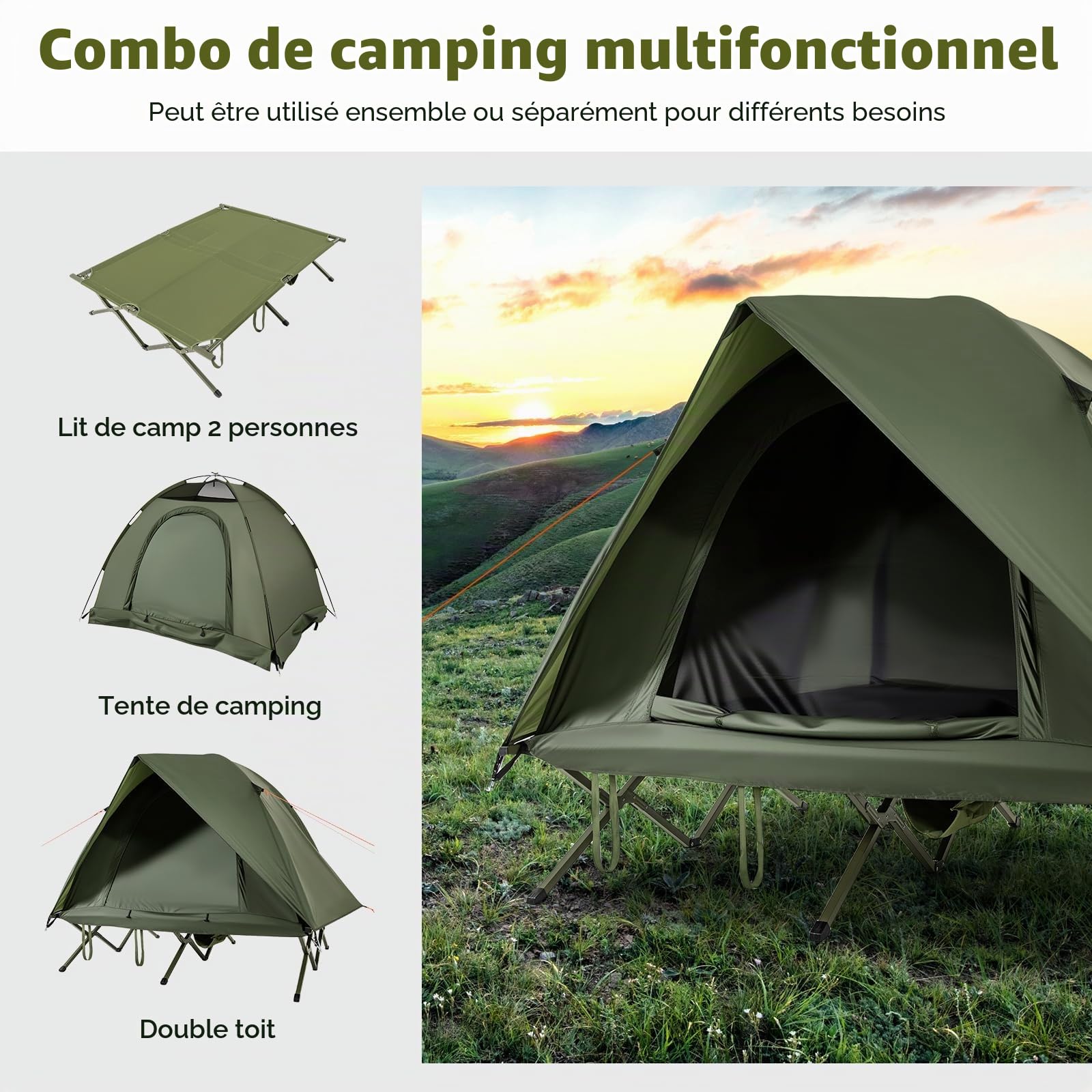 FANTASK Lit de Camp avec Tente pour 2 Personnes, équipement de Camping avec Housse de Pluie, 2 Portes en Filet, fenêtre de Toit et Sac Roulant, lit d'hébergement utilisable en Plein air, jusqu'à 300