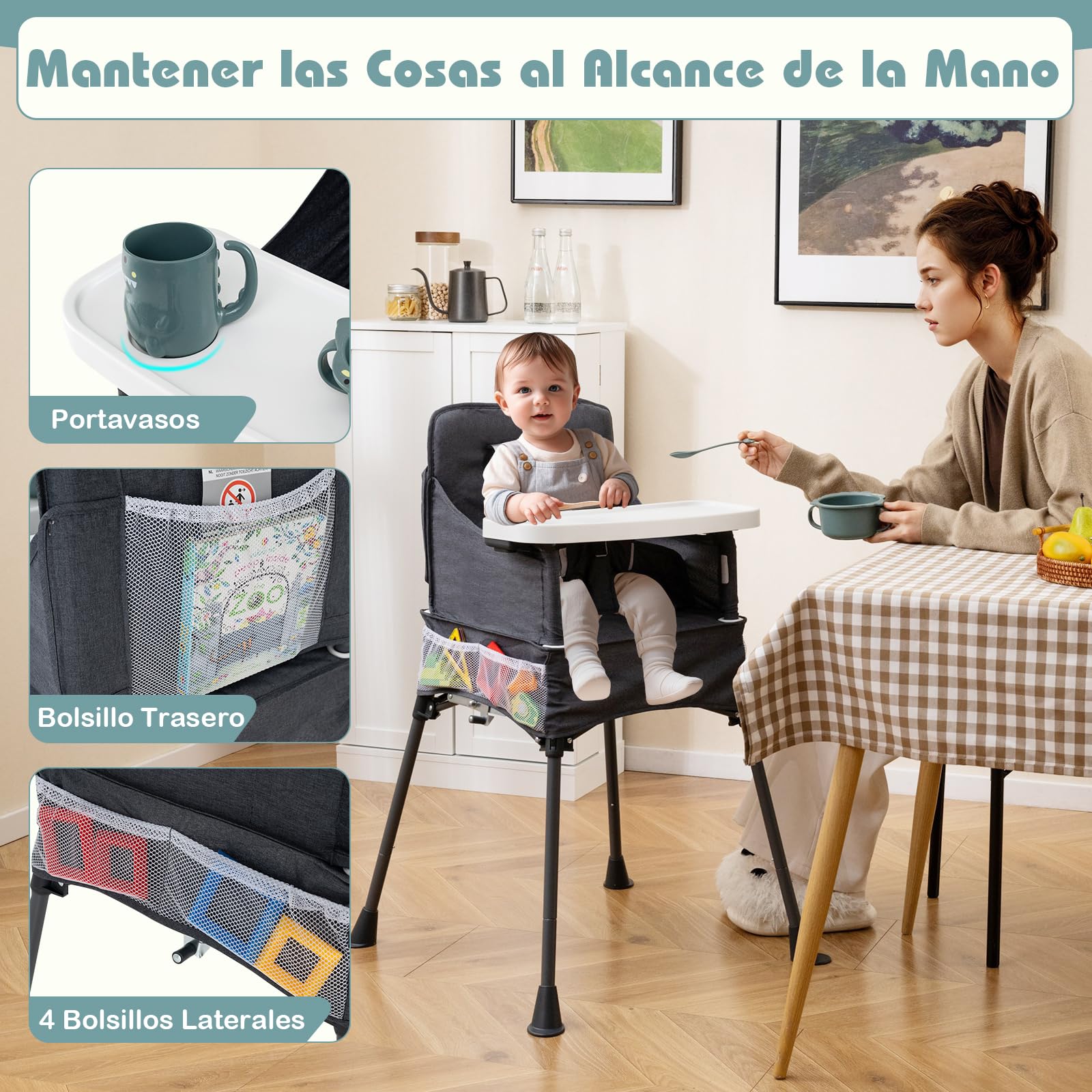GOPLUS Trona Plegable para Bebés, Silla Alta Portátil Moderna de Viaje con Bandeja de 2 Posiciones, Protector Ajustable de Seguridad, Tejido Lavable, Bolsillos para Comer para Bebés de 6 a 36 Meses