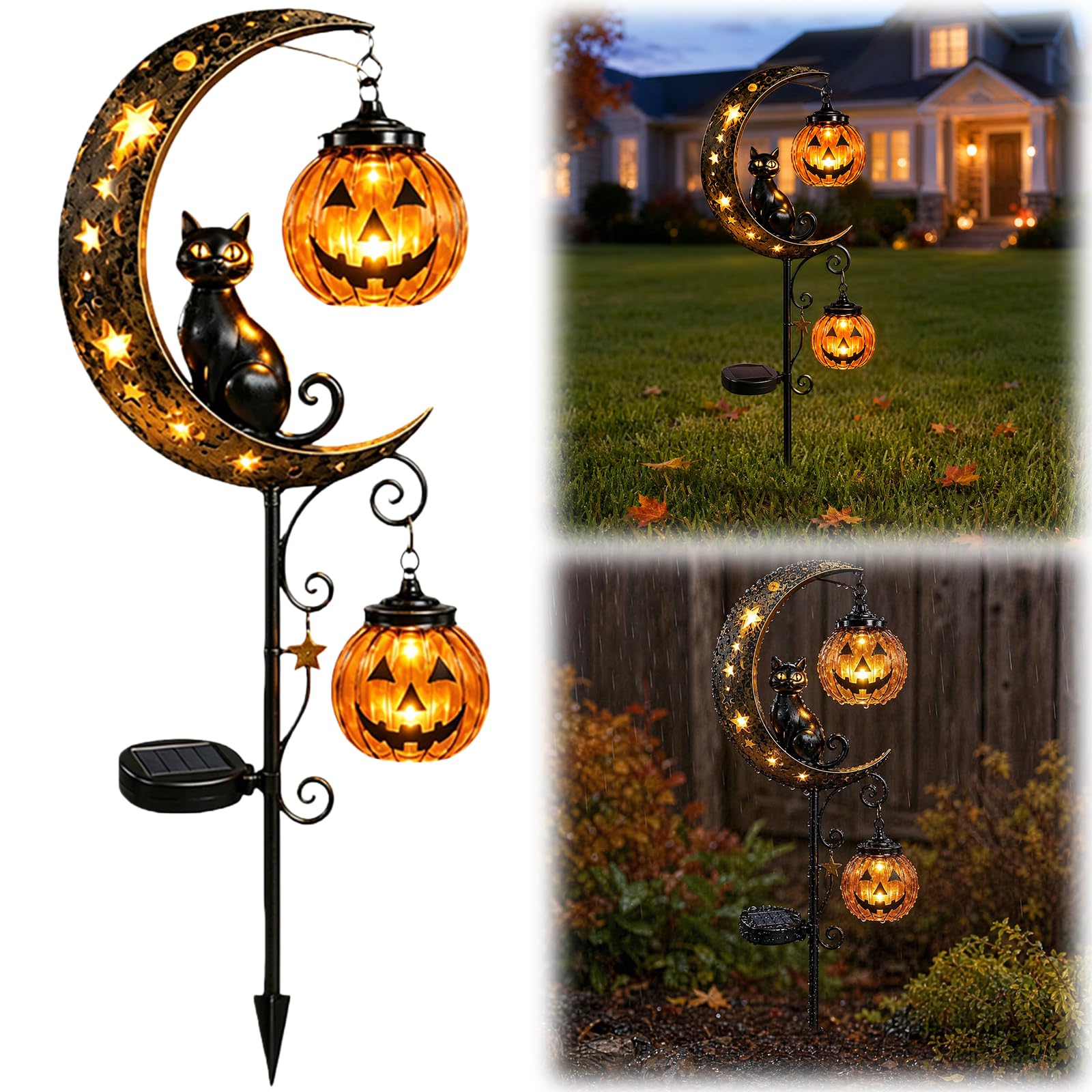 Solar Halloween Garden Stake Light – Black Cat Pumpkin Moon Lantern