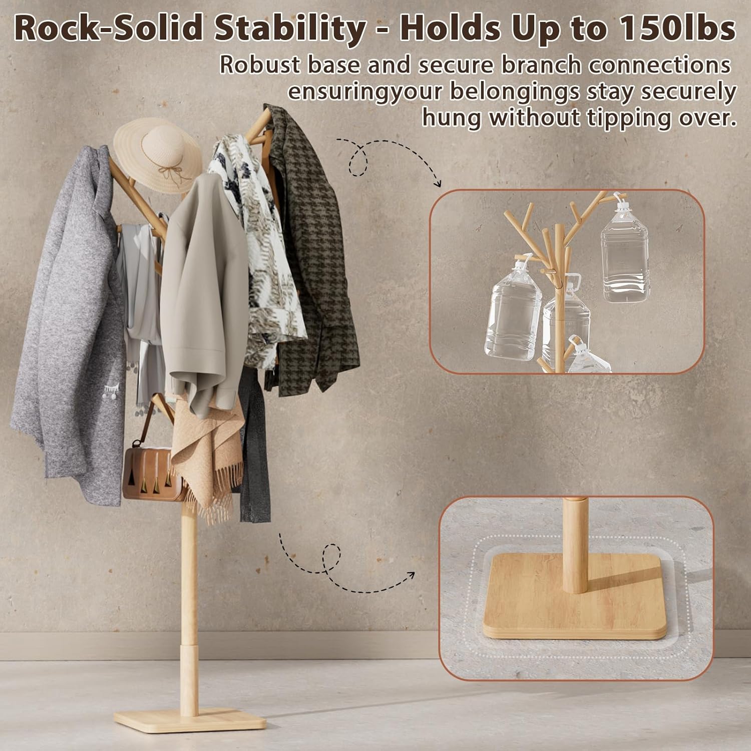 Solid Wood Coat Rack - Freestanding Coat Hat Rack Stand with 14 Hooks, Clothes Rack Heavy Duty Space Saving Entryway Coat Tree Hanger Rack for Coats Jackets Hats Bags, Adjustable Height (Natural)