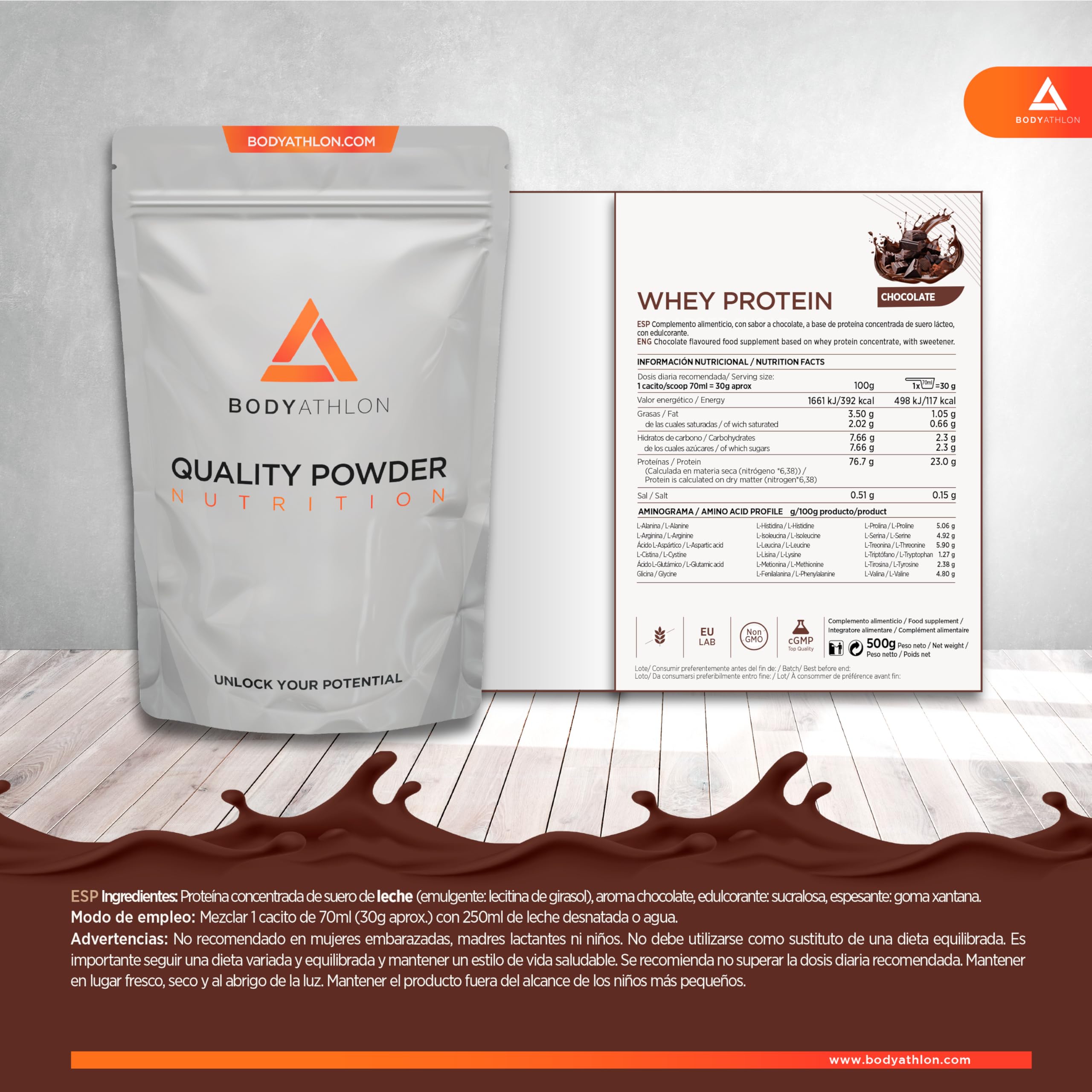 100% Whey Protein – Proteina en Polvo para Ganar Masa Muscular– de Suero de Leche- Protein Masa Muscular - Proteina sin Azucar Sin lecitina de soja- Bodyathlon (2kg, Chocolate)