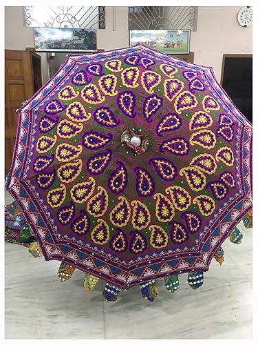 Indian Handmade Designer Cotton Fashion Multi Colored Umbrella100% Cotton Embroidery Boho Rajasthani Umbrellas Parasol (Blue)