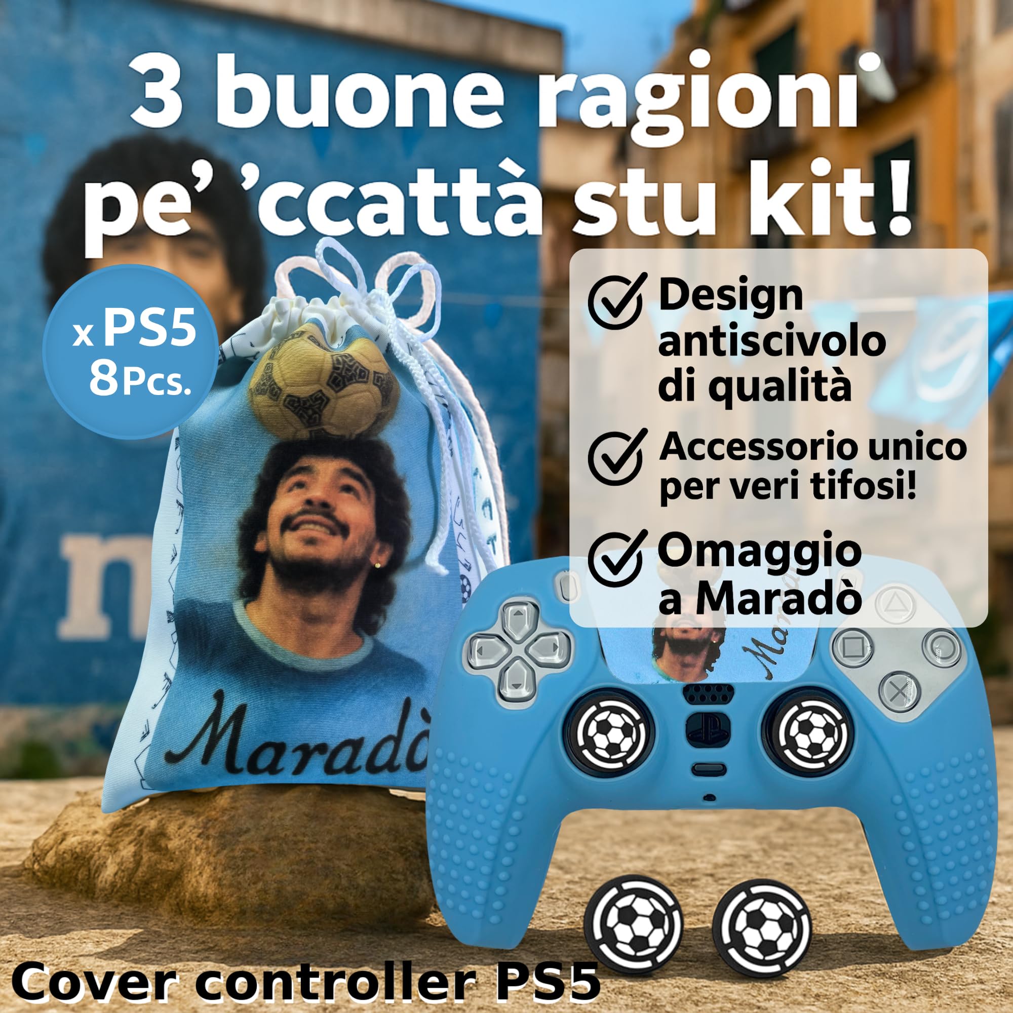 Kit Cover PS5 Celeste – Guscio in Silicone + Grips Antiscivolo (Thumb Grips) + Touchpad Sticker – Custodia Skin Anti Slip – Compatibile con Controller DualSense – Per veri tifosi