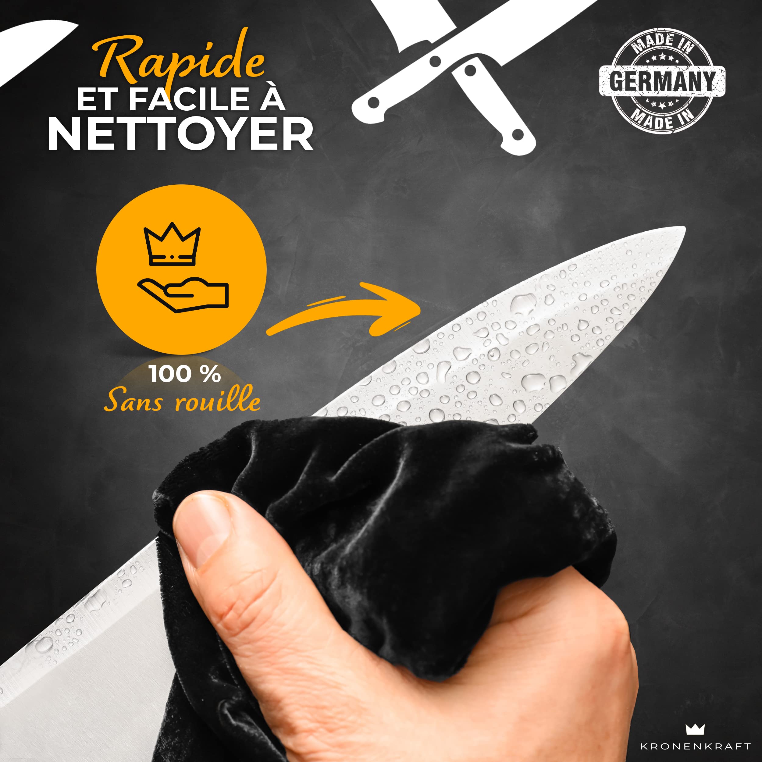 Set de Couteaux KRONENKRAFT® de 9 Pièces - Inclut Couteau de Chef, Couteau Santoku, et Plus - Fabriqué en Acier Allemand, Manche en Bois Pakka - Idéal pour Cuisine Professionnelle