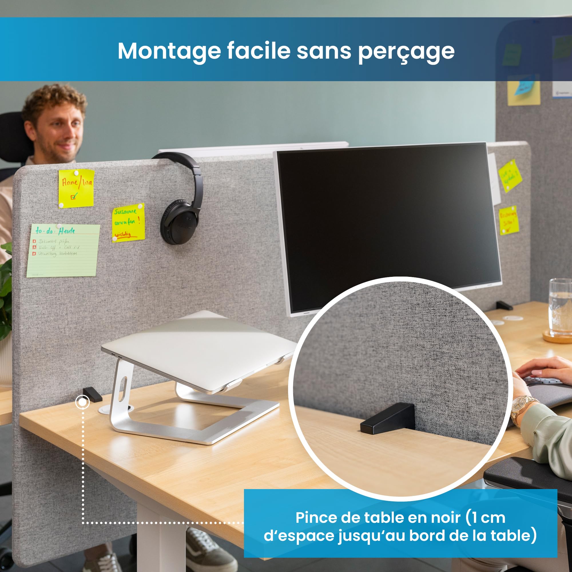 Ergotopia Cloison Acoustique pour Bureau (120 x 80 x 2,8 cm), Protection Visuelle Réglable pour Bureau | Cloison de Table Focale en Gris, Séparateur de Pièce Insonorisant avec Pinces