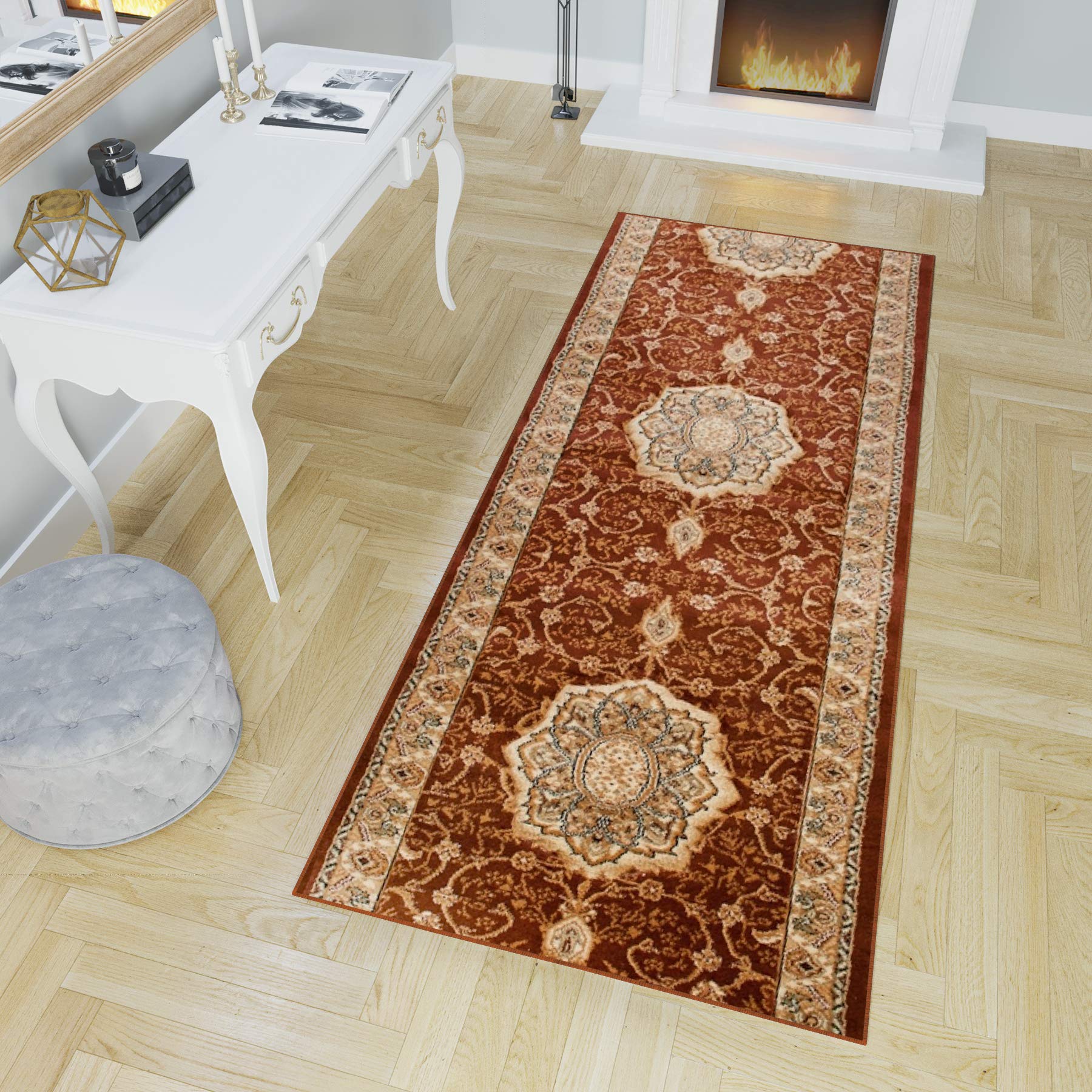 TAPISO Yesemek dywan chodnik, do korytarza, mostek, krótkie runo, klasyczny medalion kwiatowy, ornament, wzór, brązowy, beżowy, do korytarza, salonu, Ökotex 80 x 170 cm