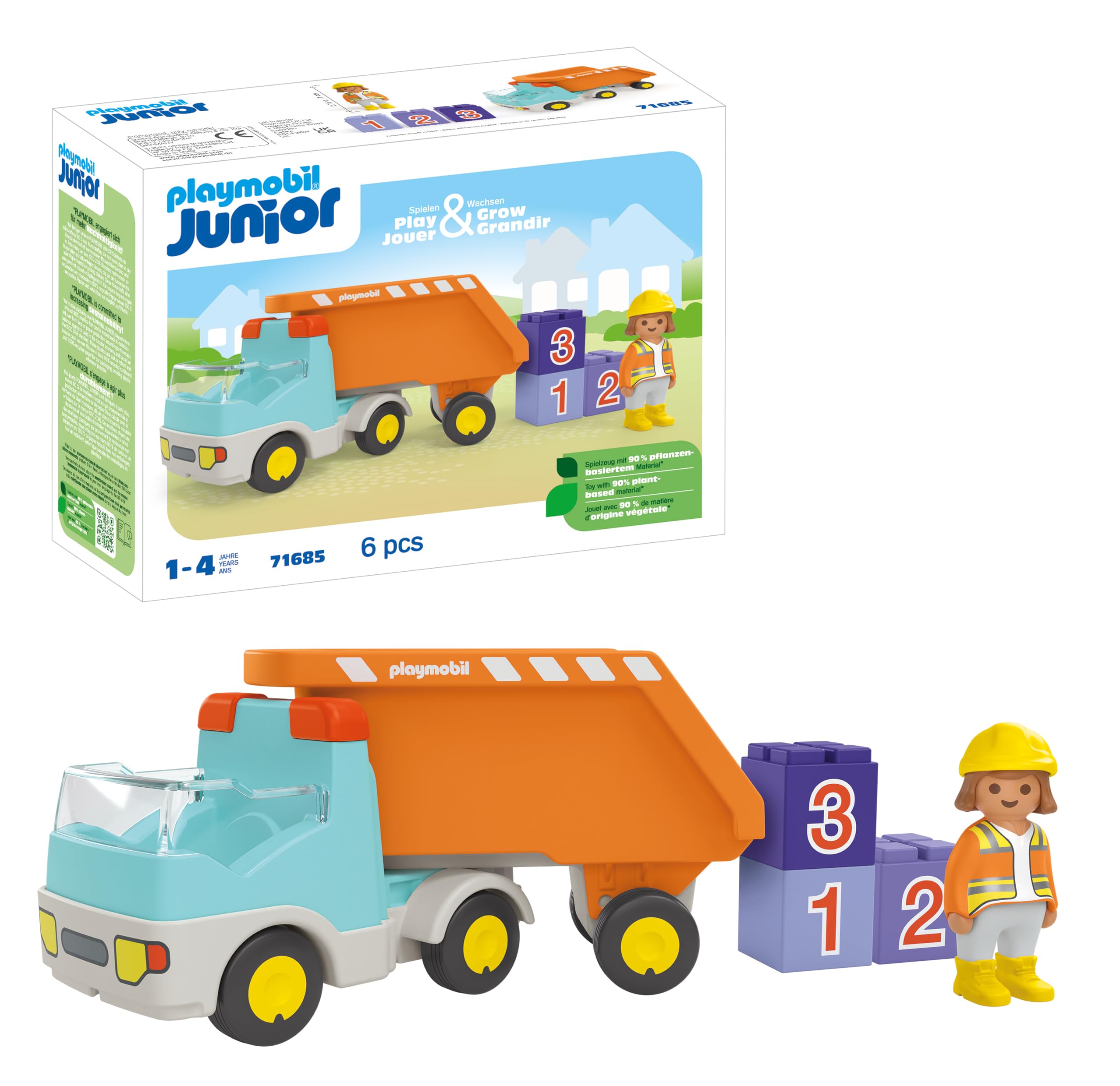 Playmobil 71685 Junior : Camion Benne - Comprenant Un Ouvrier du bâtiment et Trois Pierres empilables - Jouet fabriqué à partir de matière d'origine végétale - Dès 12 Mois