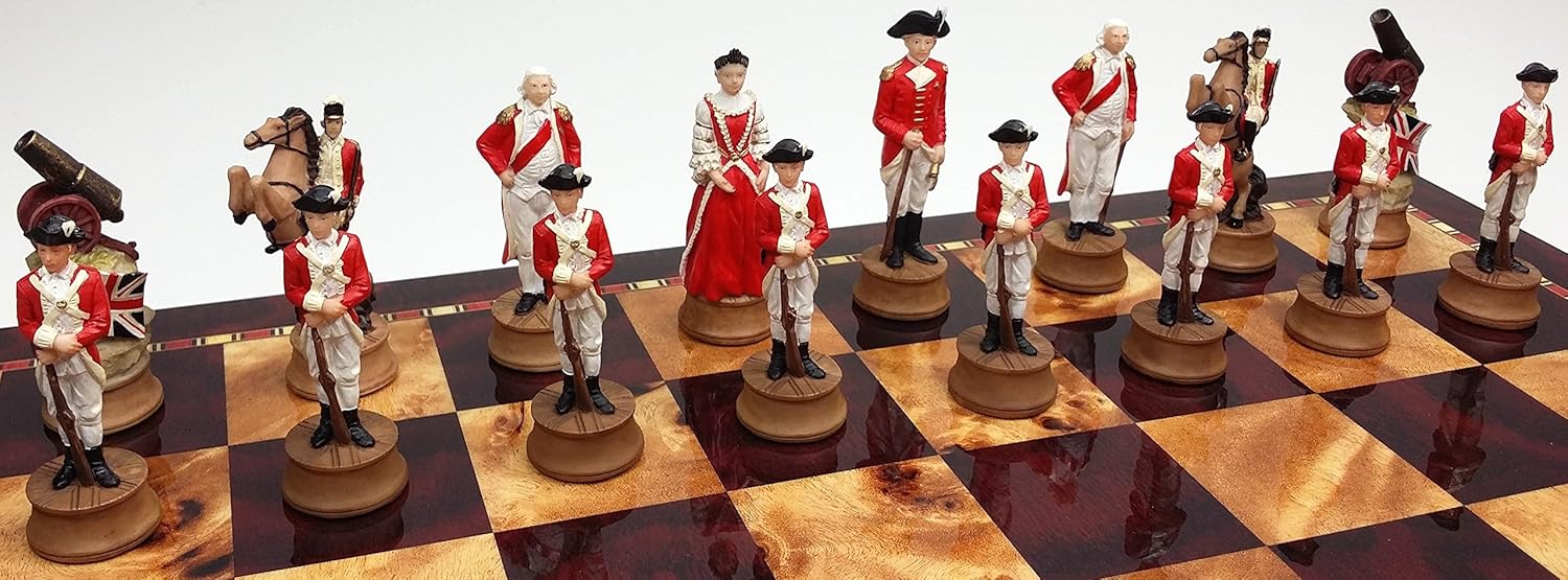 American Revolutionary War Chess Set W/ High Gloss Cherry & Burlwood Color Storage Board 17" Independence Revolution