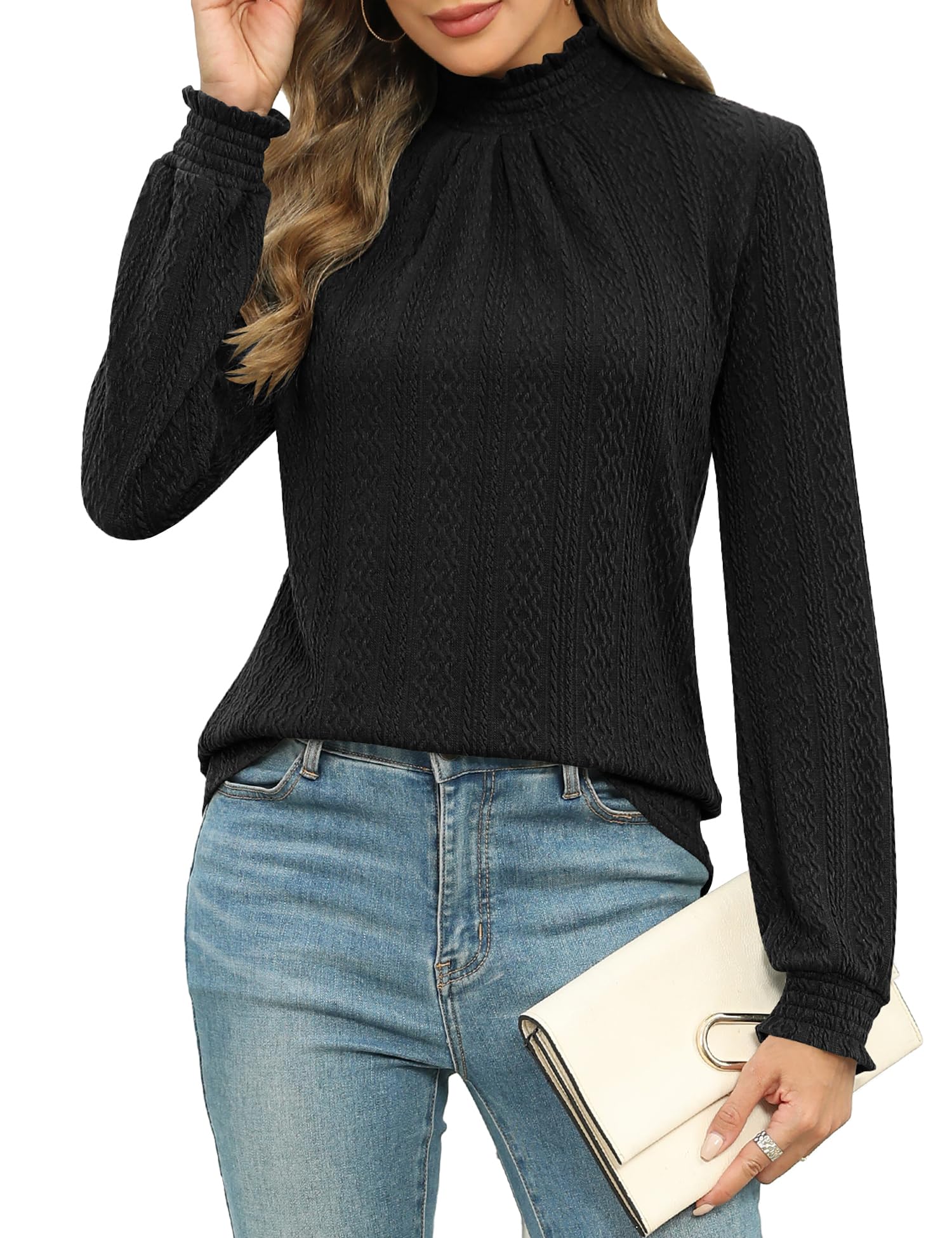 Micoson Womens Mock Neck Blouses Pleated Textured Shirts Long Sleeve Stretch Casual Tunic Tops Dressy Fashion Blouse
