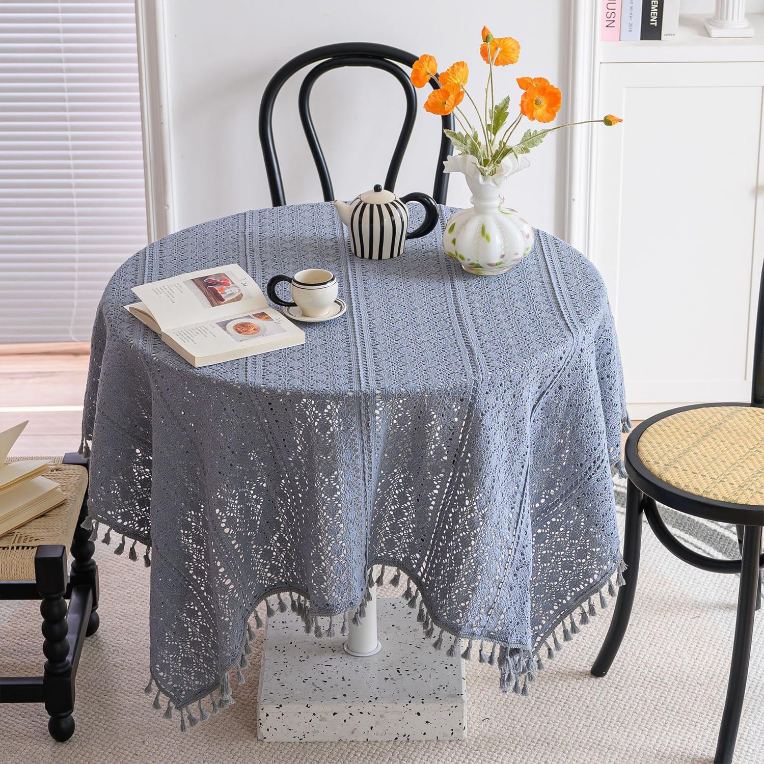 FOELANNE Embroidered Lace Tablecloth, Cotton Crochet Square Lace Tablecloth with Tassels Multicolor Multiple Sizes(Grey,140x140cm)