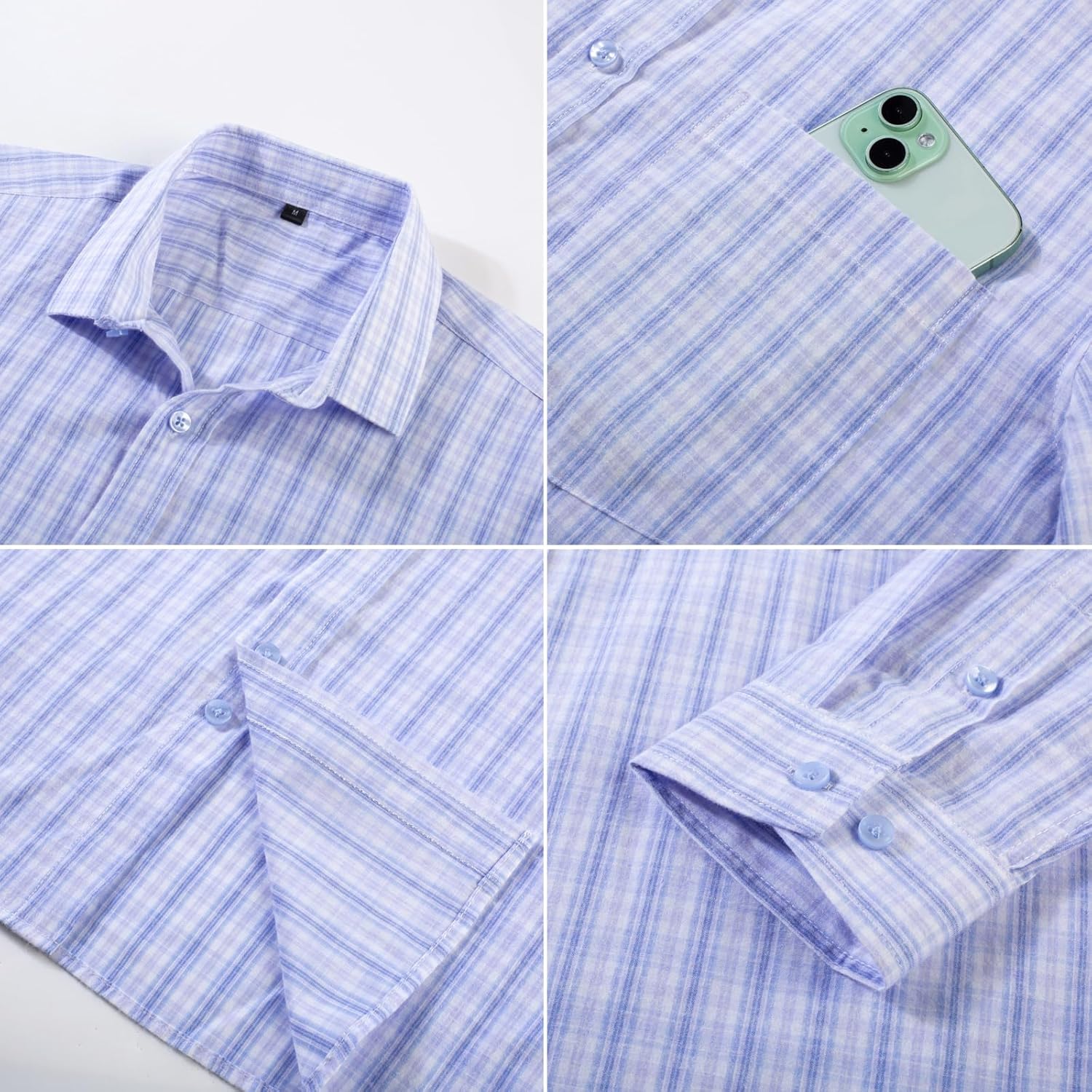 PJ PAUL JONES Mens Dress Shirts Cotton Long Sleeve Button Down Shirts Business Casual Plaid Tops with Pocket - Image 4