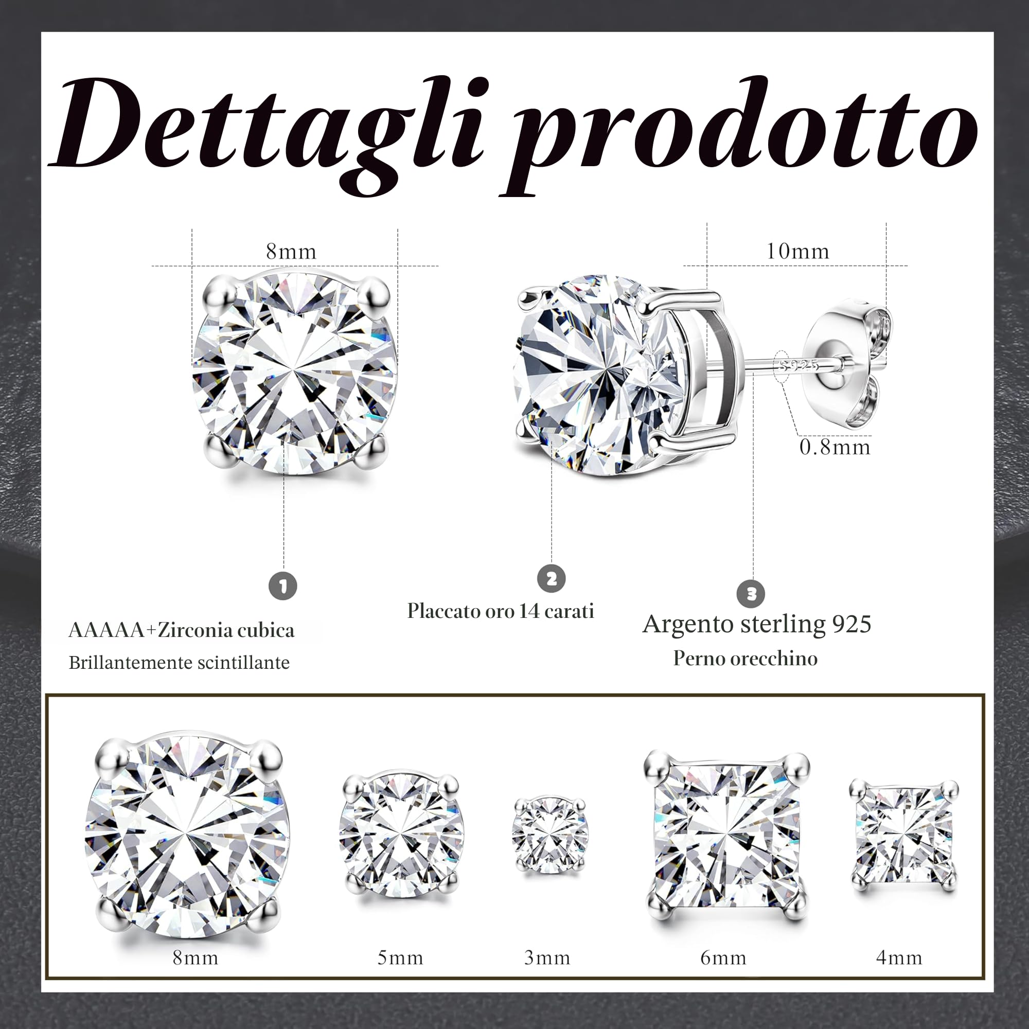 Orecchini da uomo 925 in argento sterlina 5 coppie di orecchini placcati in oro 14k per le donne rotonde e quadrate cubiche in zirconia ipoallergenici orecchini set di dimensioni 3/5/8mm, argento